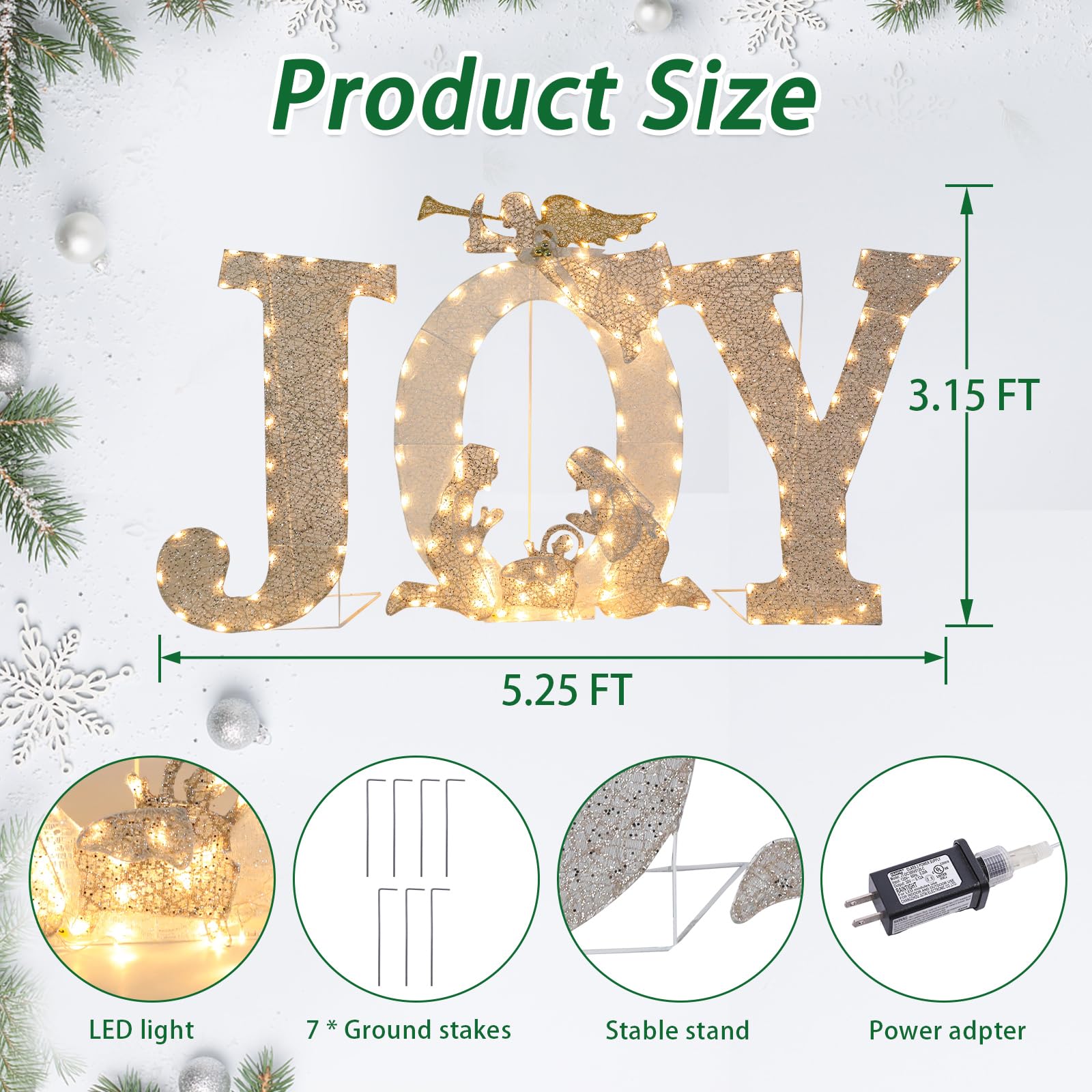 Outdoor Christmas Joy Decoration Christmas Lighted Joy with Nativity Scene Decoration for Xmas Home Pathway Lawn Party Display