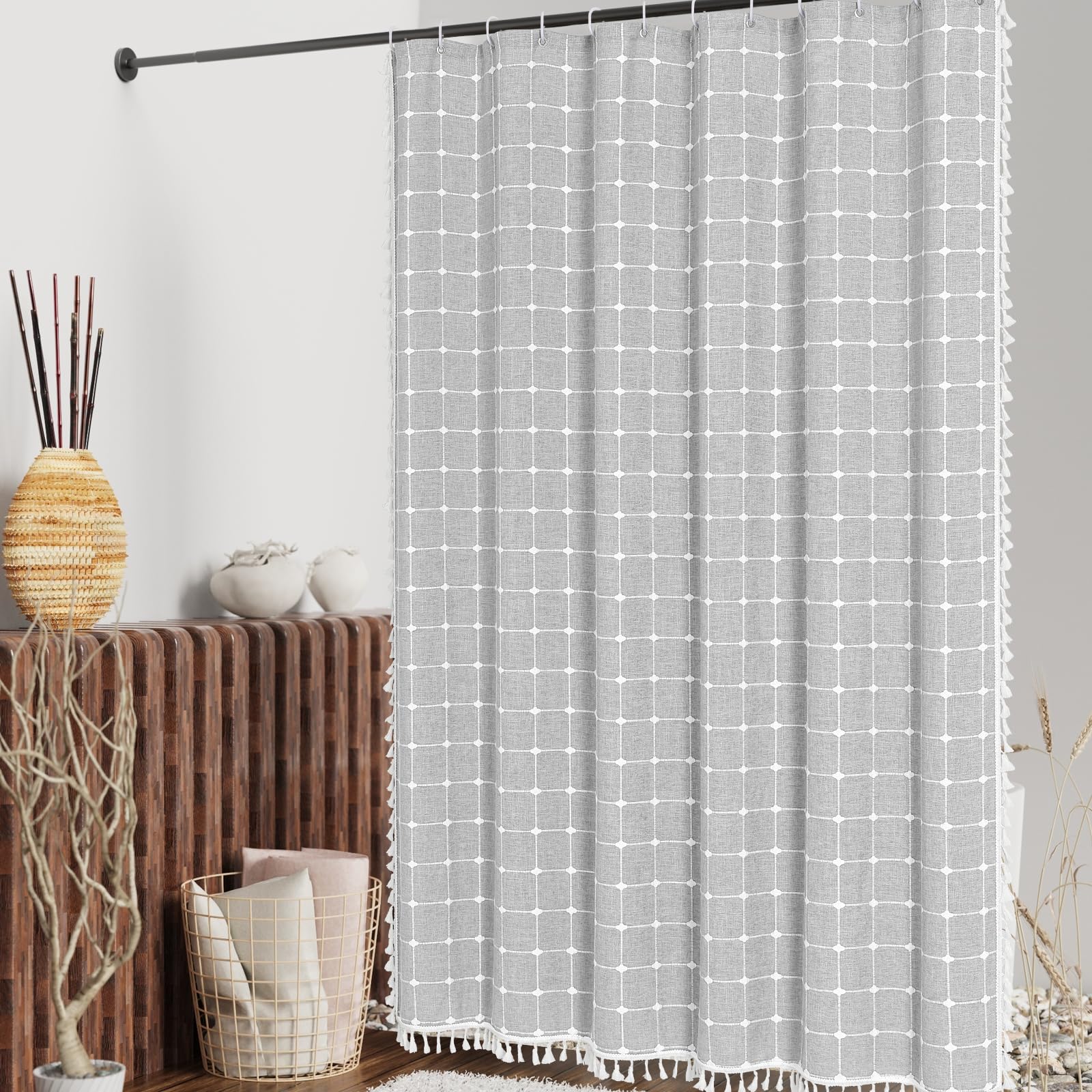 Mitovilla Grey Farmhouse Shower Curtain Set 72 X 78, Boho 78 Inch Long Cotton Linen Tassel Fabric Shower Curtain Set For Chic Co