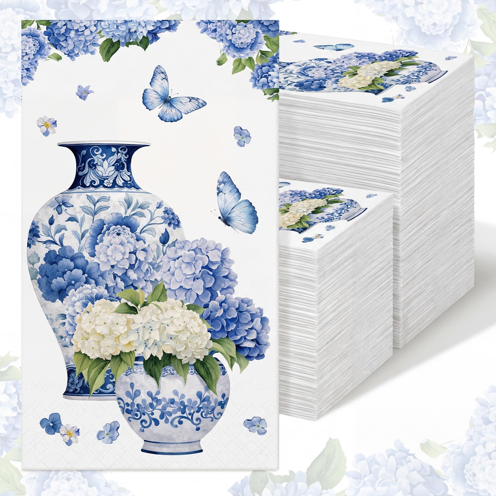 Epakh 100 Pcs Bulk Chinoiserie Hydrangea Guest Napkins 2 Ply Blue and White Porcelain Floral Butterfly Disposable Paper Napkins 