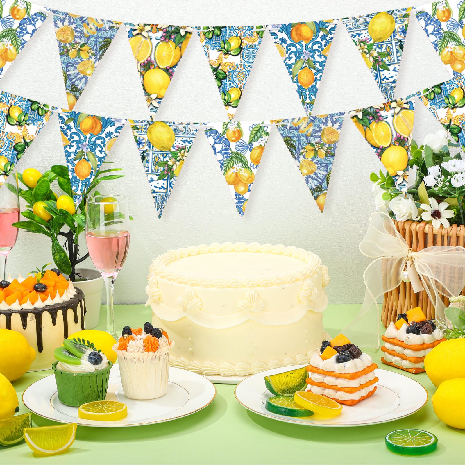 5 Pieces Blue Tiles Lemon Decor Lemon Bunting Banners Blue Tiles Paper Pennant Garlands Lemonade Hanging Triangle Flags for Wedd