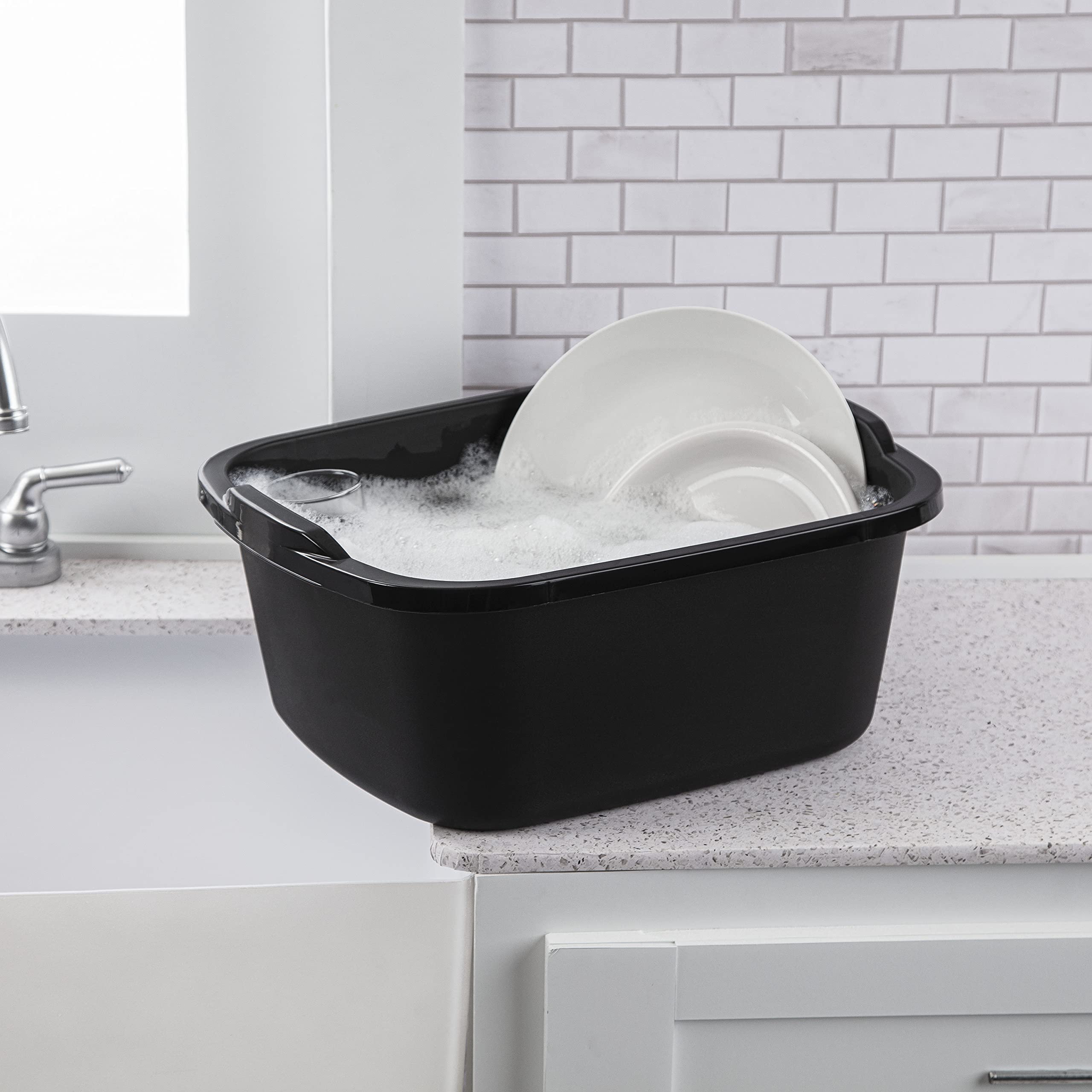 Sterilite 18 Qt Dishpan, Bin Ideal For Soaking And Cleaning Dirty Dishes In The Kitchen Sink, Black, 6-Pack