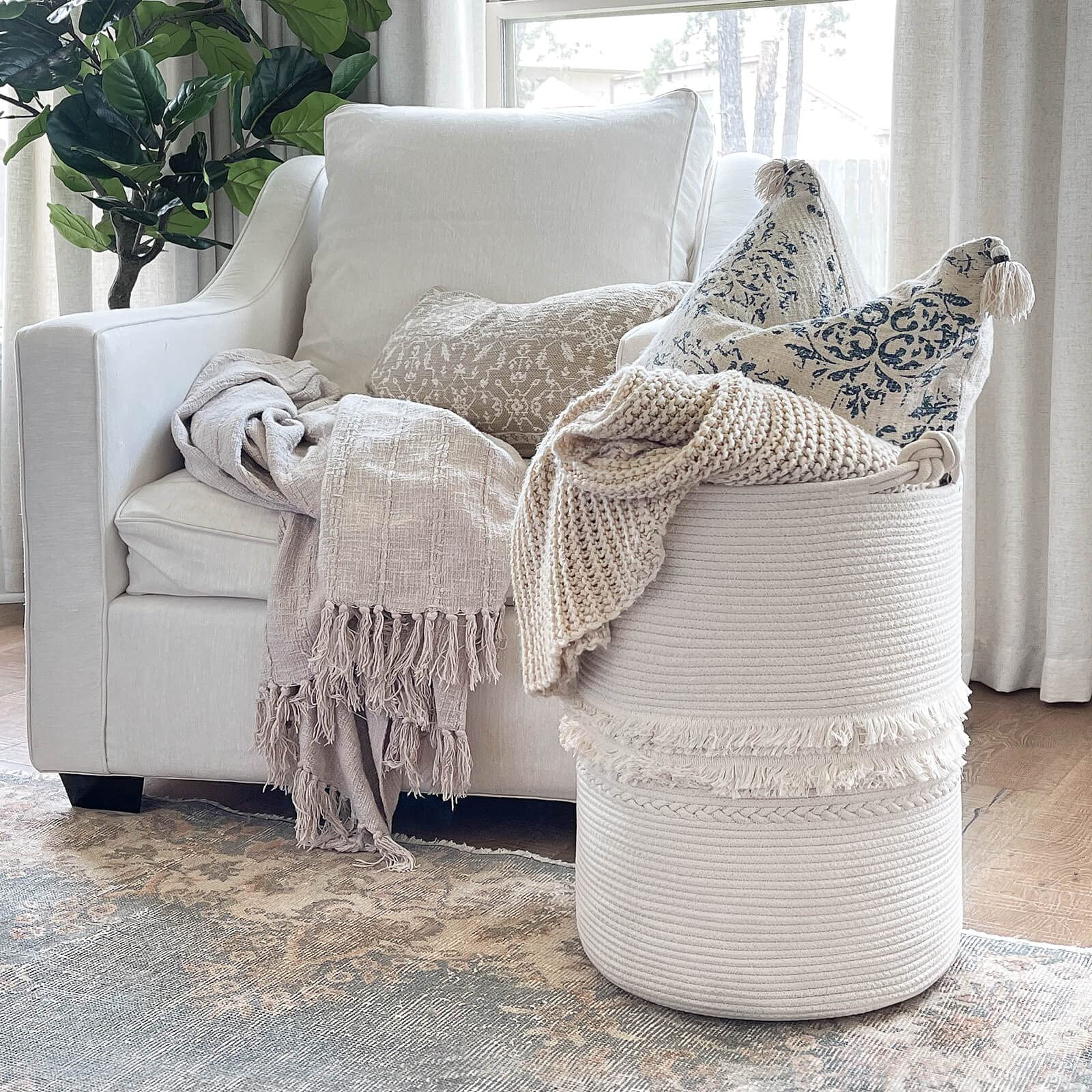 Cherrynow Baby Laundry Hamper For Nursery, Tall Laundry Basket For Laundry Room, White Woven Storage Basket For Clothes, Toys, T