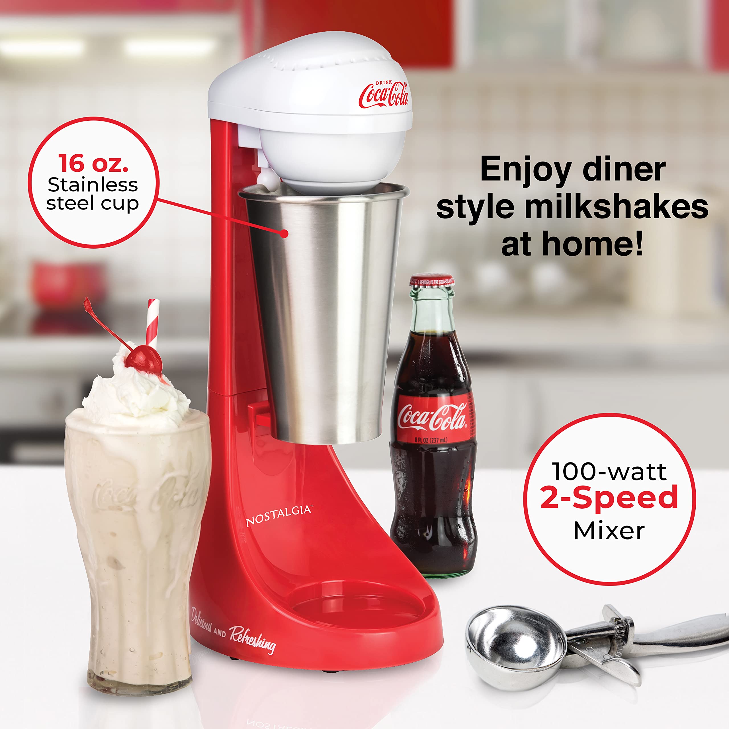 Nostalgia Two-Speed Electric Coca-Cola Limited Edition Milkshake Maker And Drink Mixer, Includes 16-Ounce Stainless Steel Mixing