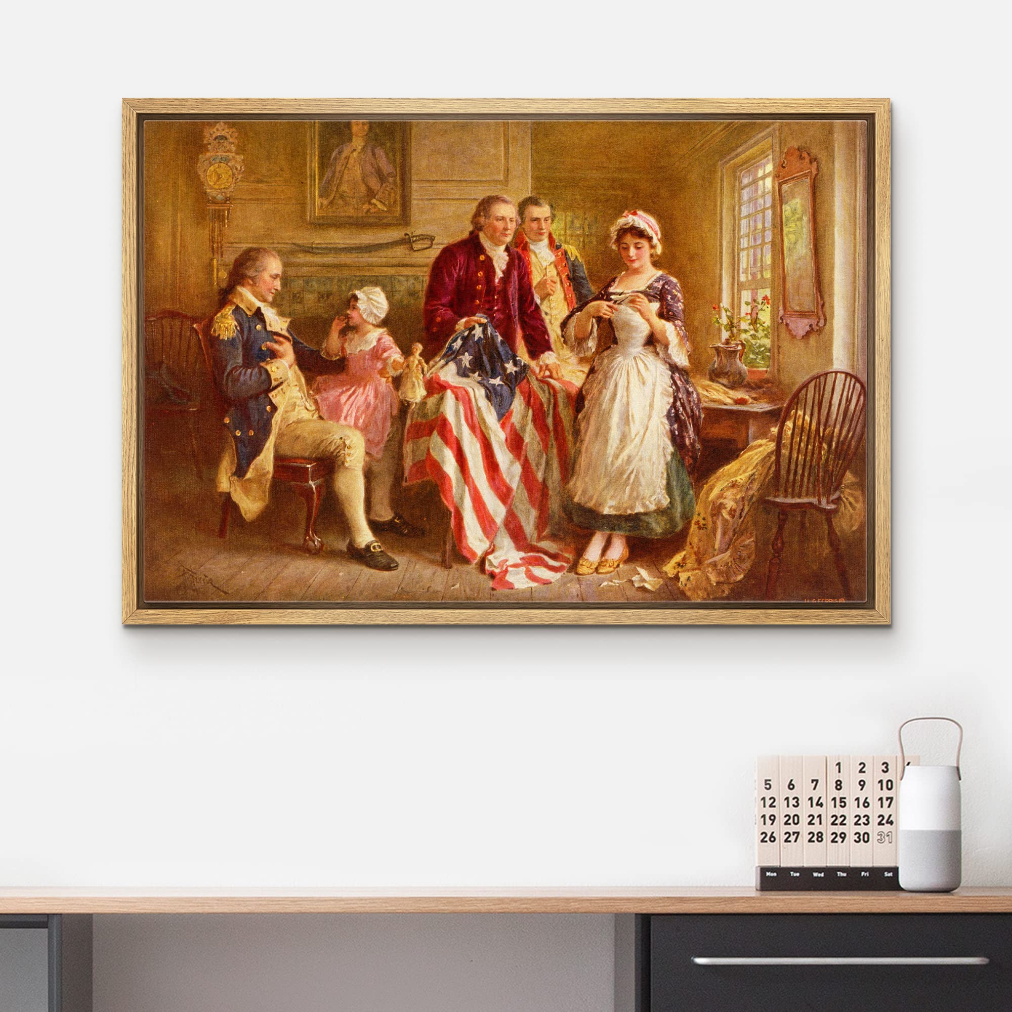 Wall26 - Betsy Ross 1777 By Jean Leon Gerome Ferris - Framed Canvas Print Wall Art Famous Painting Reproduction - 24''X36'' Natu
