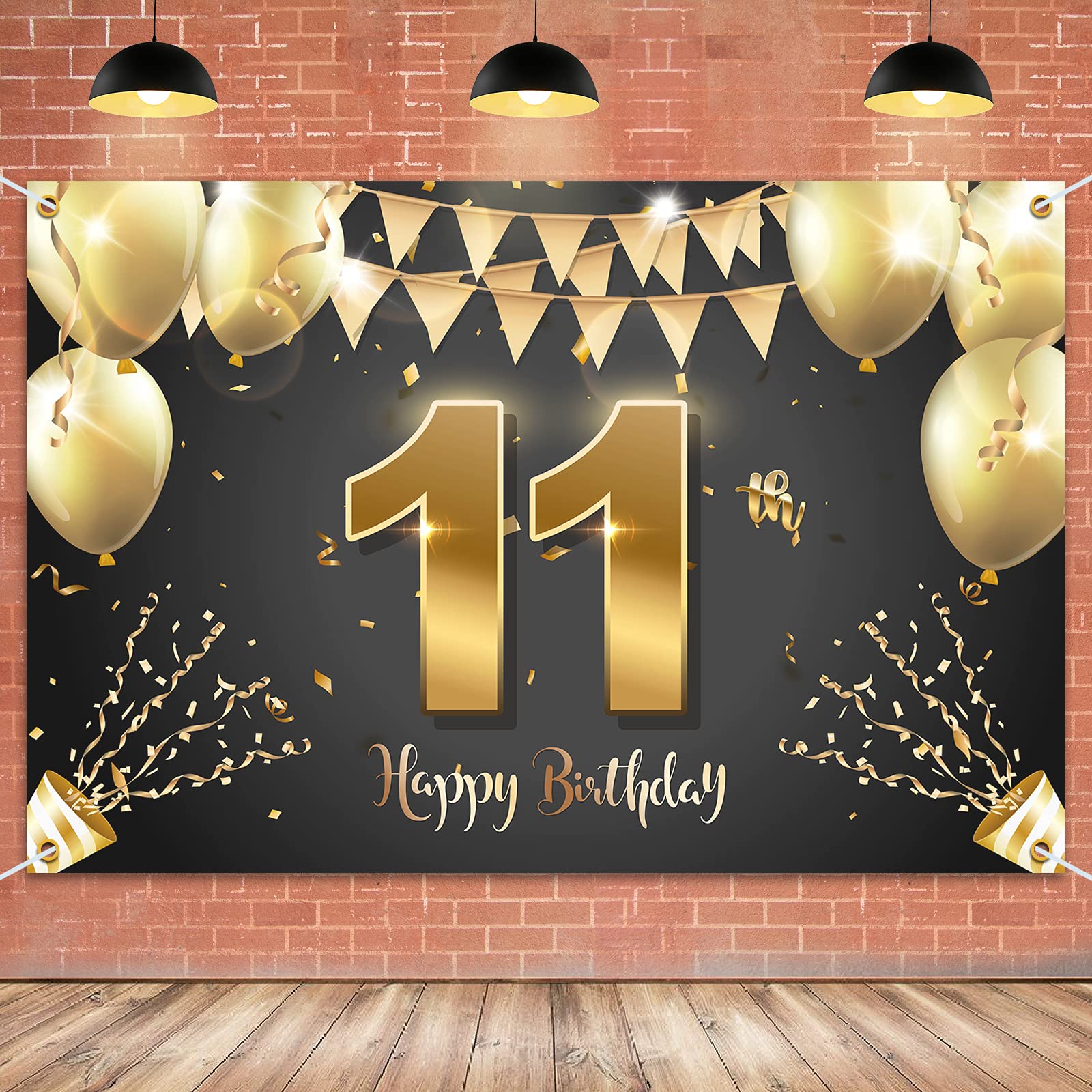 Hamigar 6X4Ft Happy 11Th Birthday Banner Backdrop - 11 Years Old Birthday Decorations Party Supplies For Girls Boys - Black Gold