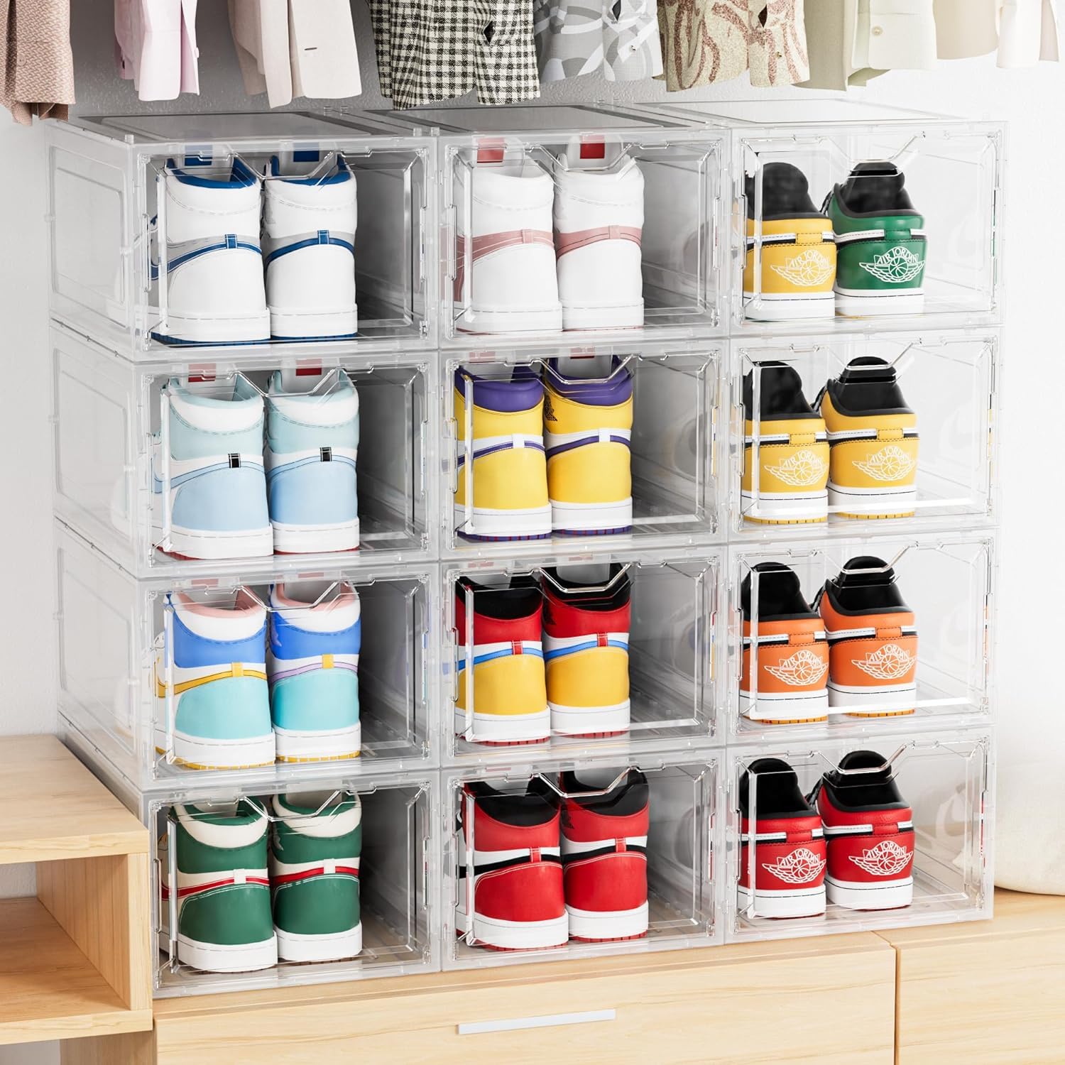 Primalite HeavyDuty Shoe Crates Storage Box12 Pack With DropFront Display Magnetic Door, Thicken & Sturdy Hard Plastic Stacka