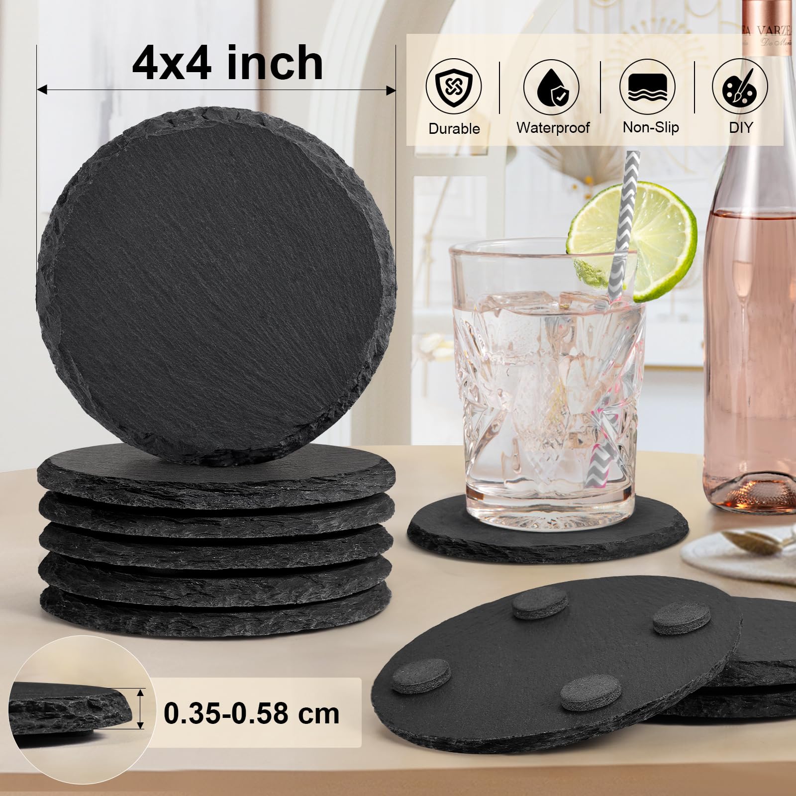 48 Pcs Coasters For Drinks, Maprial 4 Inch Slate Coasters, Laser Engraving Blanks Black Stone Coaster Set Round Natural Handmade