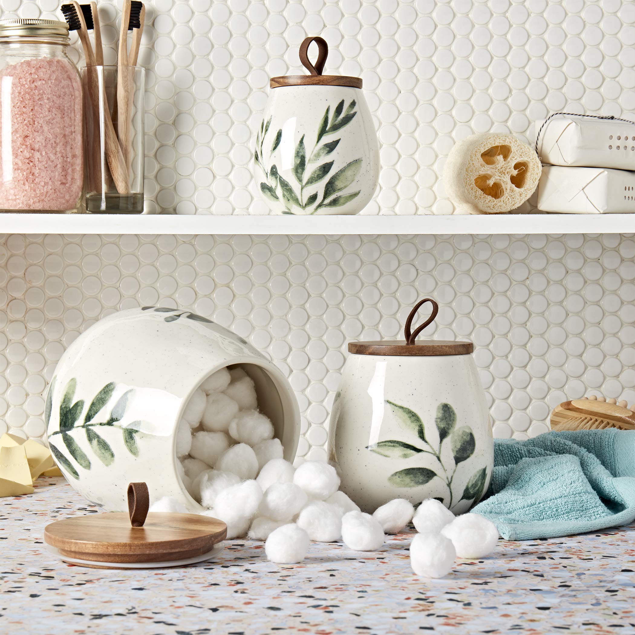 Ttu Tabletops Gallery Ceramic Canister Collection- Stoneware Designed Kitchen Storage Acacia Wood White Set, 3 Piece Green Leaf
