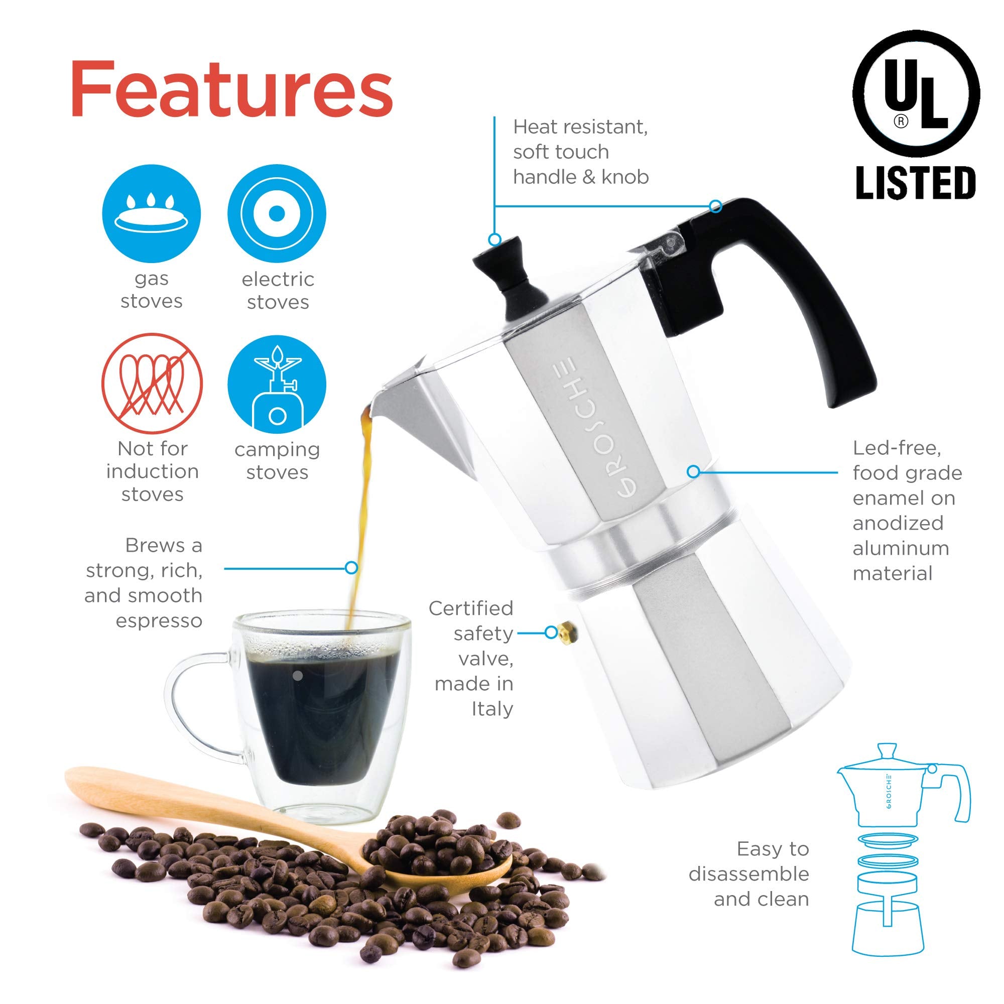 Grosche Milano Stovetop Espresso Maker Moka Pot 9 Espresso Cup, 15.2 Oz, Silver Cuban Coffee Maker Stove Top Coffee Maker Moka I