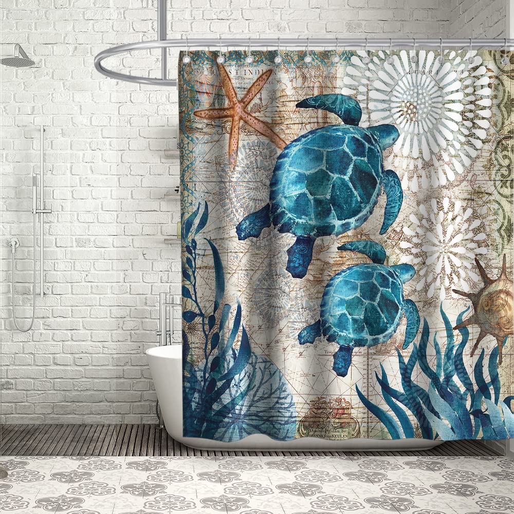 Final Friday Nautical Green Sea Turtles Beach Theme Fabric Shower Curtain Sets Bathroom Blue Ocean Decor with Grommets and Hooks - 72 x 72 Inch Teal