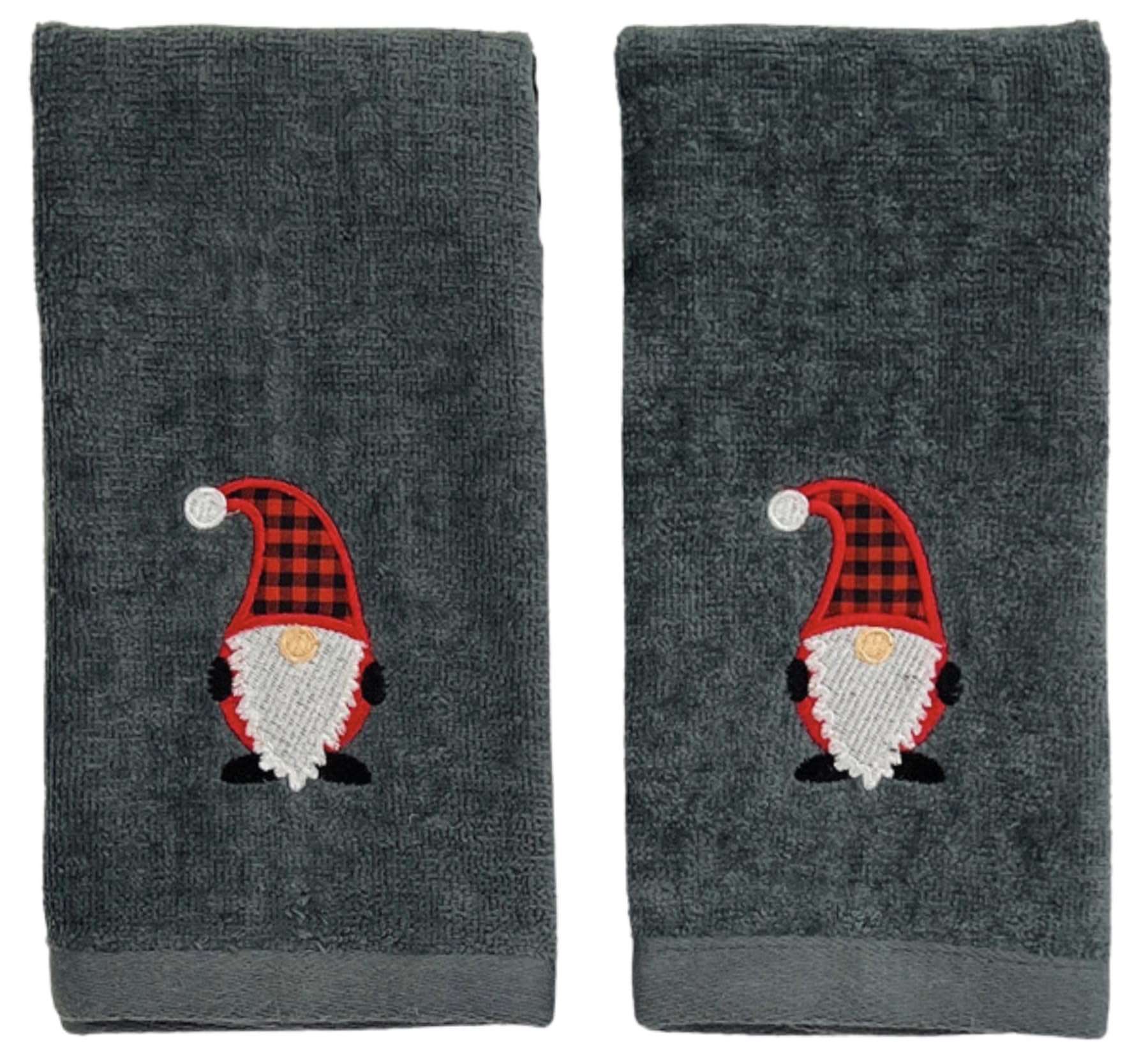 Christmas Gnomes Towel Set: Dark Grey Fingertip Towels With Red White Embroidery Jolly Nordic Gnome, Set Of 2
