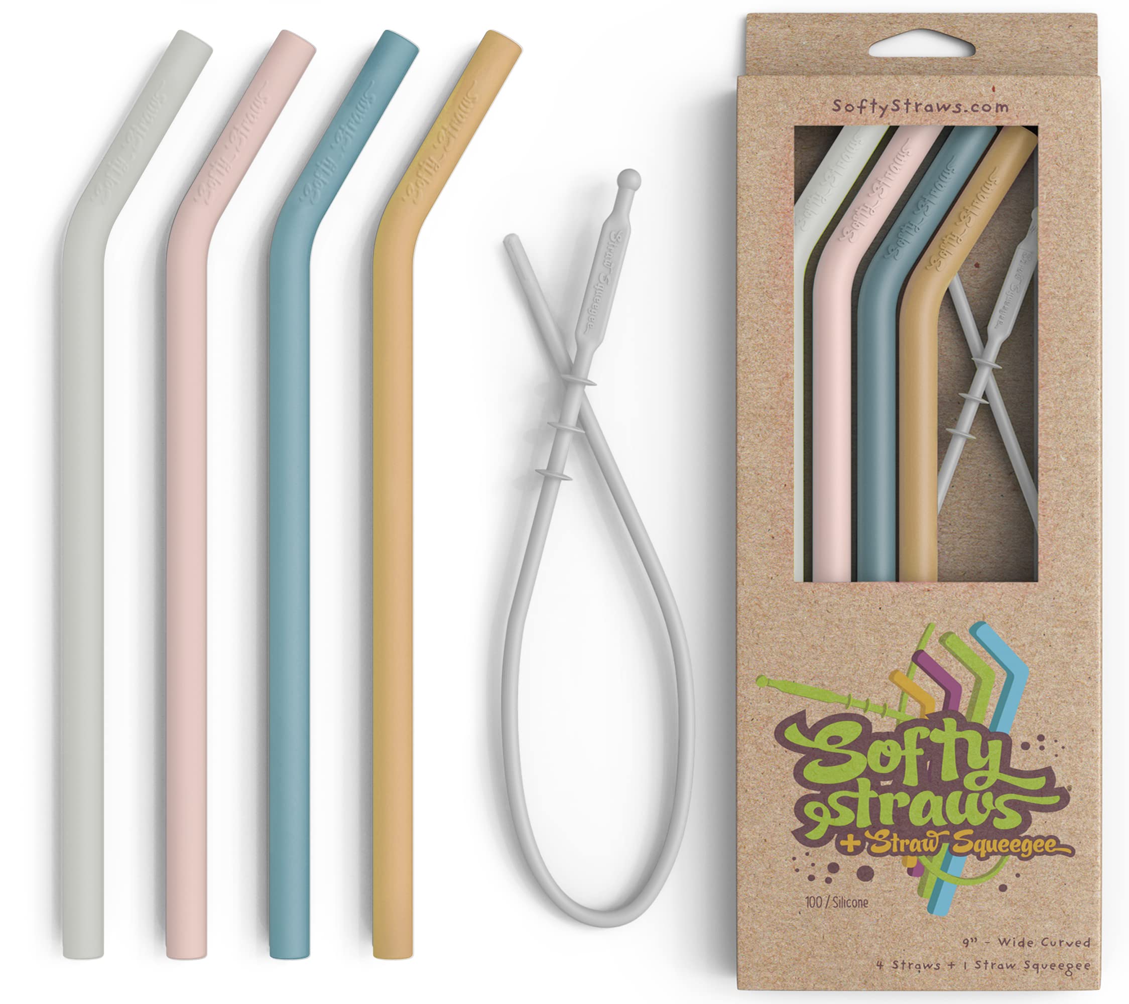 Premium Reusable Silicone Drinking Straws + Patented Straw Squeegee - 9    Long With Curved Bend For 20/30/32Oz Tumblers - Neutr