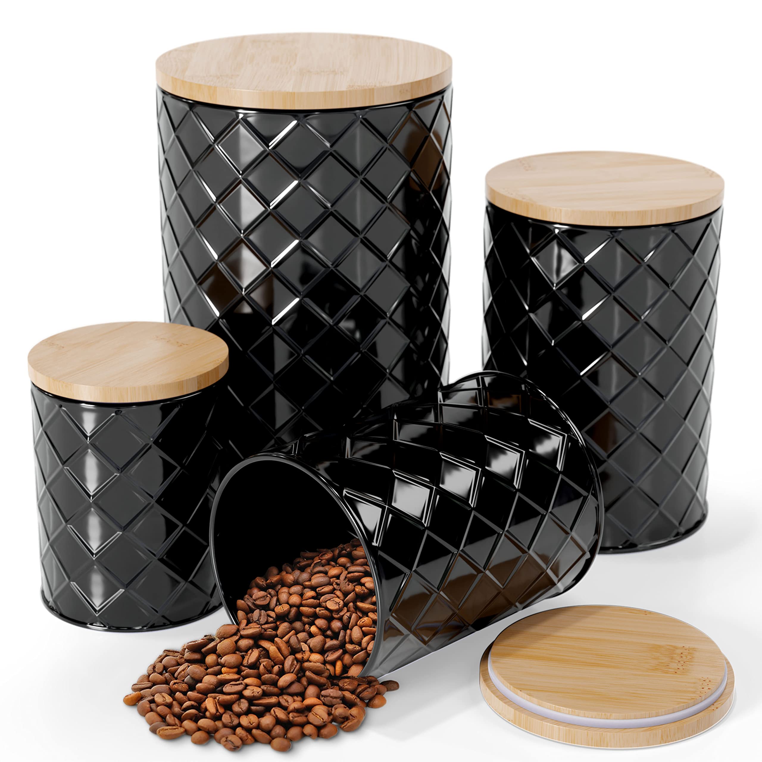 Pebble & Stem Black Metal Canister Set for the Kitchen Counter, Food Canister Set of 4, Airtight Lids, Sugar and Flour Container