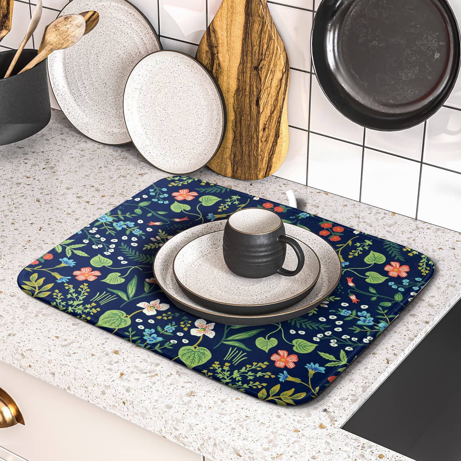 Flower Floral Dish Drying Mat 18X24 Inch Microfiber Navy Blue Drying Mats With Hanging Loop Absorbent Green Leaves Dish Drainer