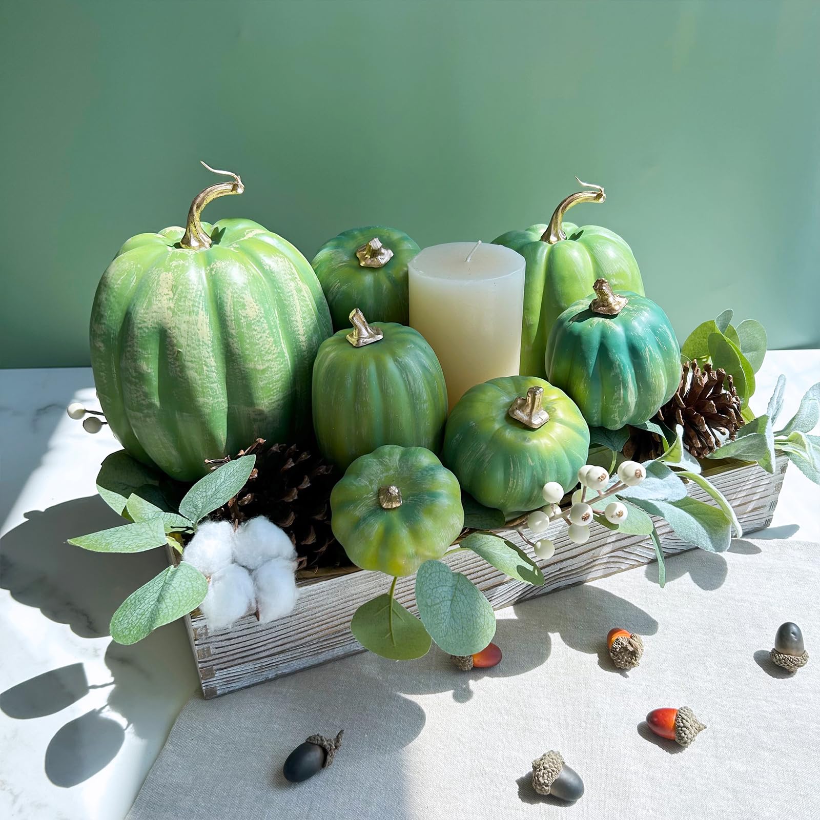 Winlyn 7 Pcs Assorted Green Artificial Pumpkins Harvest Pumpkins Deep Green Decorative Foam Pumpkins for Farmhouse Fall Wedding