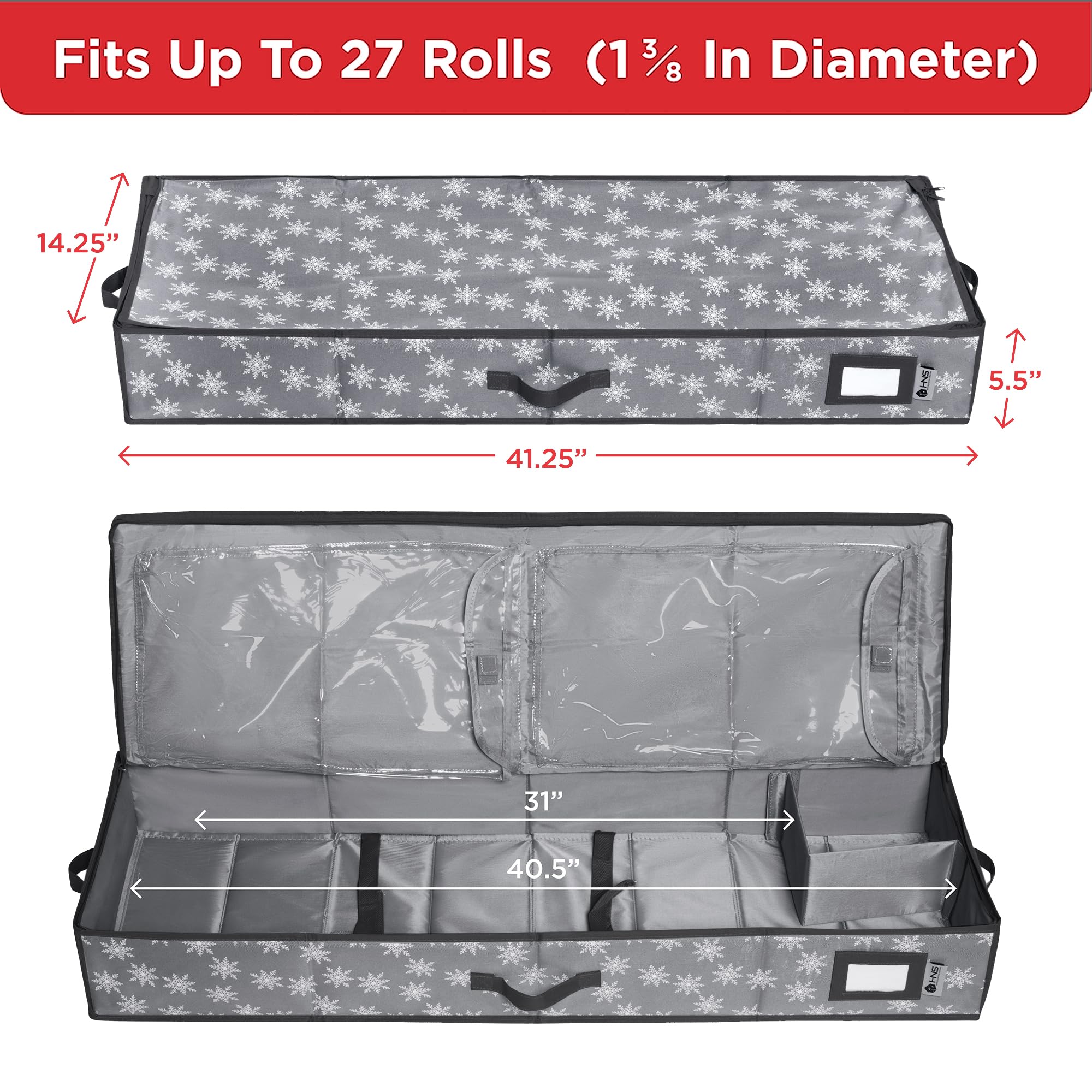 HOLDN’ STORAGE Premium Wrapping Paper Storage Container, 600D Tear-Proof, Fits 27 Rolls, Grey/White Snowflakes, Model HS-6444021077