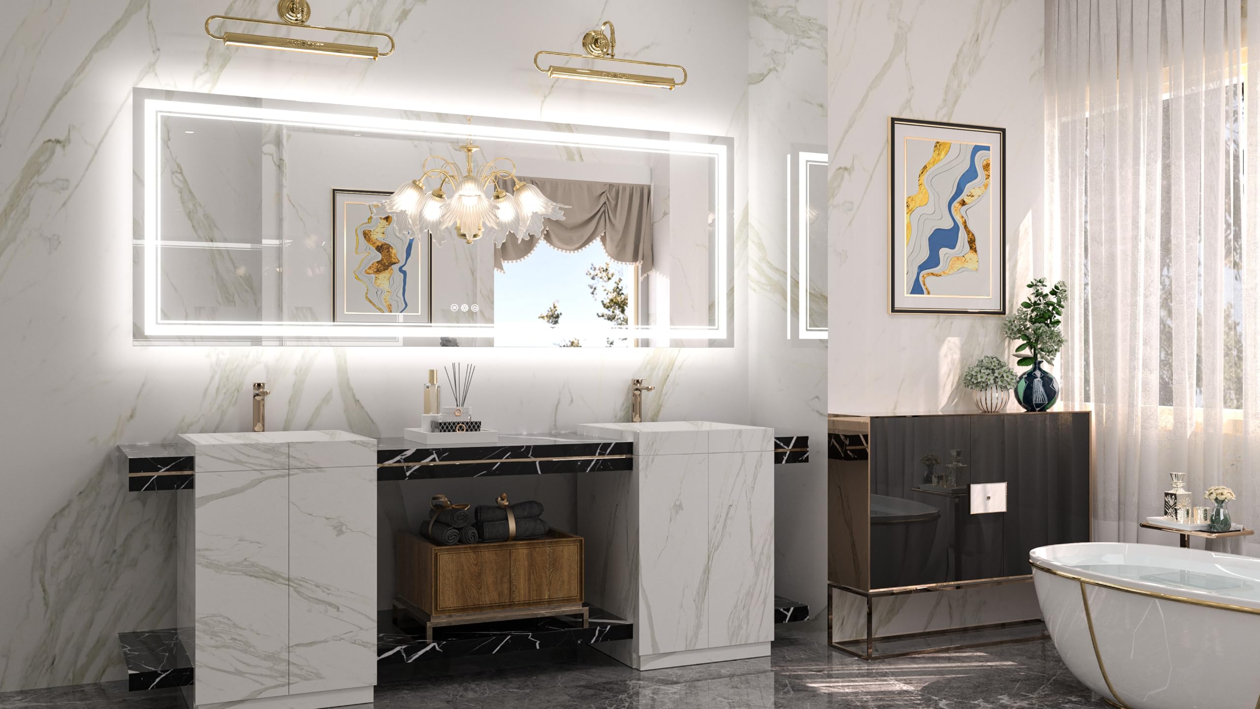 Keonjinn Led Bathroom Mirror 84'' X 32'' With Frontlit And Back Light, Large Stepless 3 Colors Temperature & Dimmable Wall Mirro