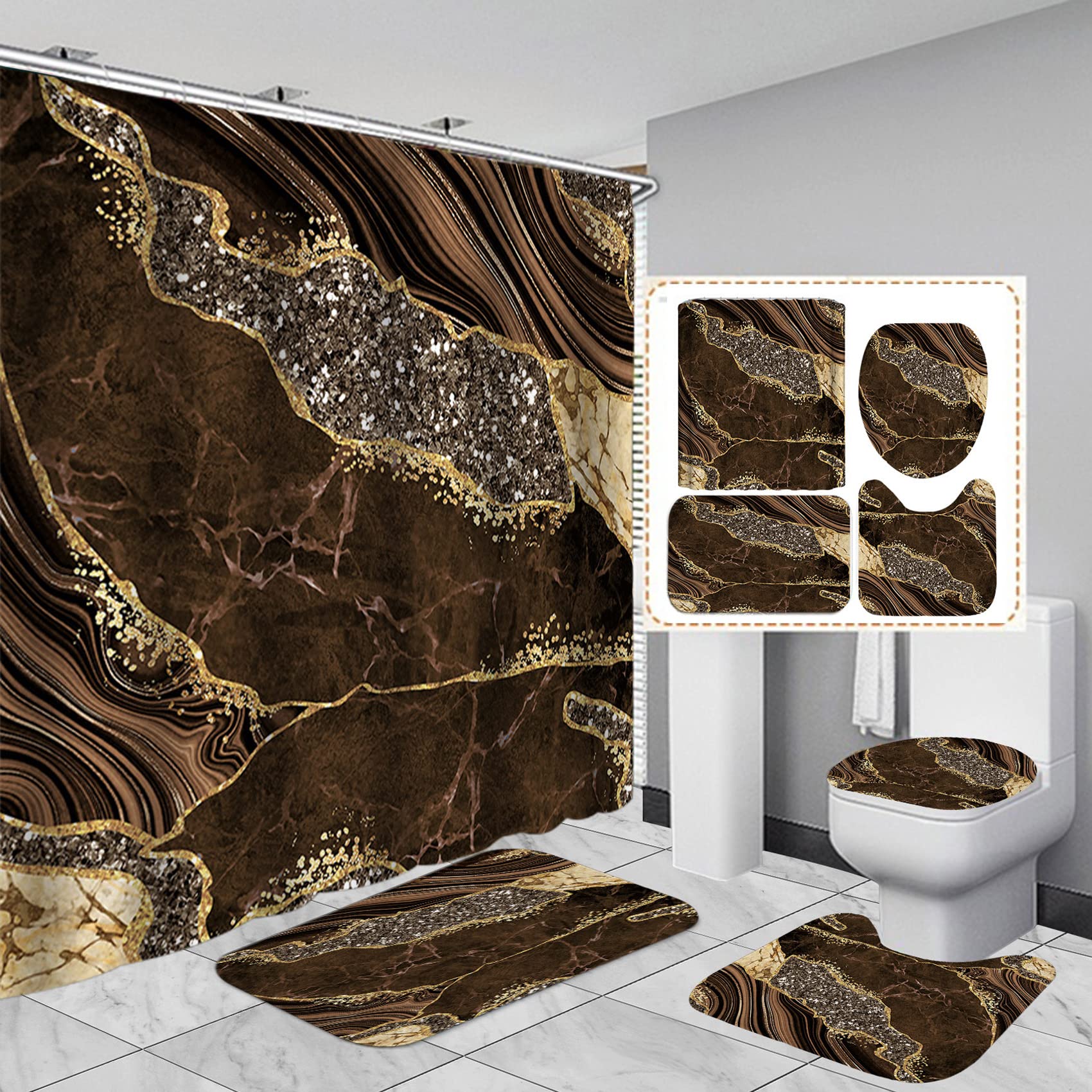 Emhome 4Pcs Marble Shower Curtain Sets, Modern Bathroom Sets With Shower Curtains, Toilet Lid Rug, Contour Mat And Bath Mat, Bat