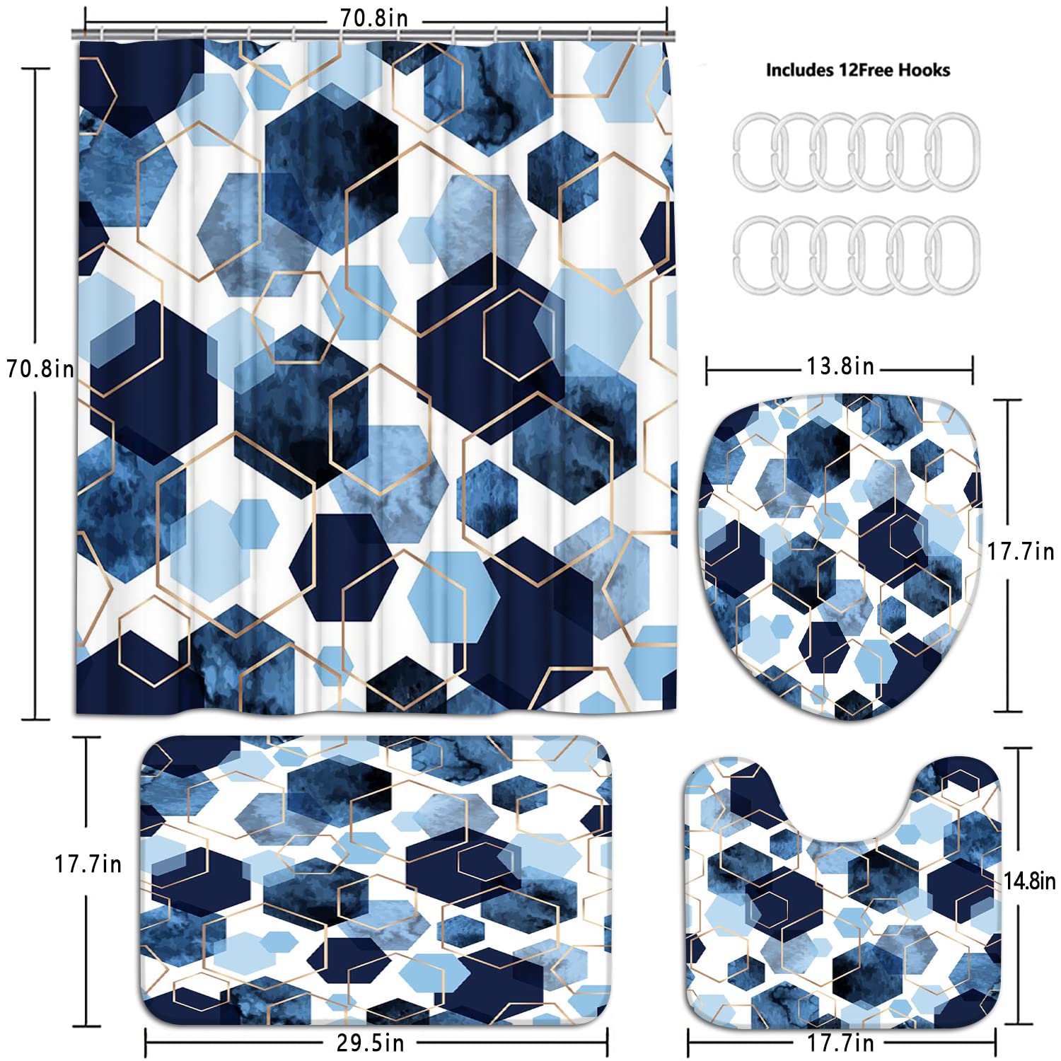 Lqcool 4Pcs Sky Blue Geometric Shower Curtain Set With Navy Blue Abstract Art, 12 Hooks, Bath Mat And Rugs