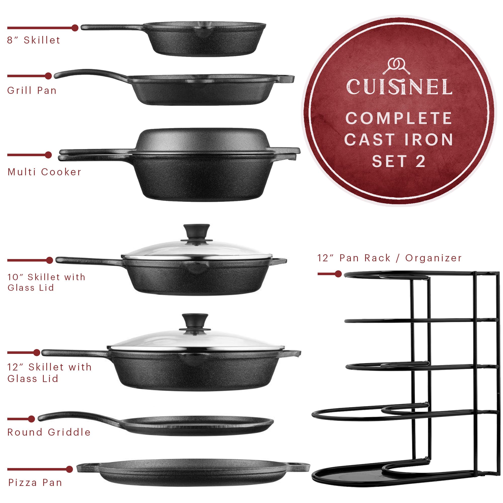 Cuisinel Cast Iron Cookware Set - Complete Pre-Seasoned Kit - 8 Skillet & 10 + 12 Skillets with Glass Lid + Grill Pan + Multi-Co