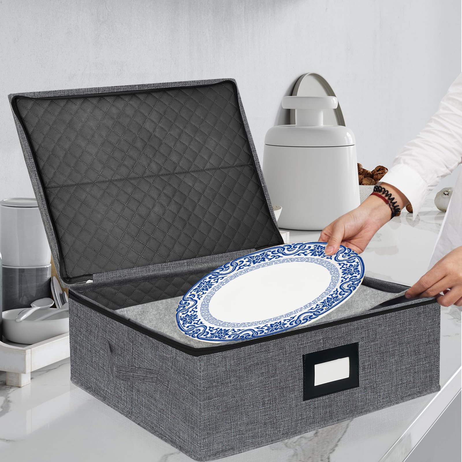 Homyfort Platter Storage Case - Stackable China Storage Containers Hard Shell With Durable Zipper & Label & Sturdy Handles, 5.3