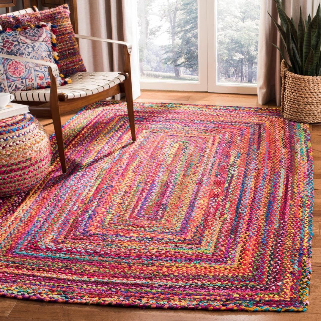 SAFAVIEH Braided Collection Area Rug - 5 x 8, Red & Multi, Handmade Boho Reversible Cotton, Ideal for High Traffic Areas in Li