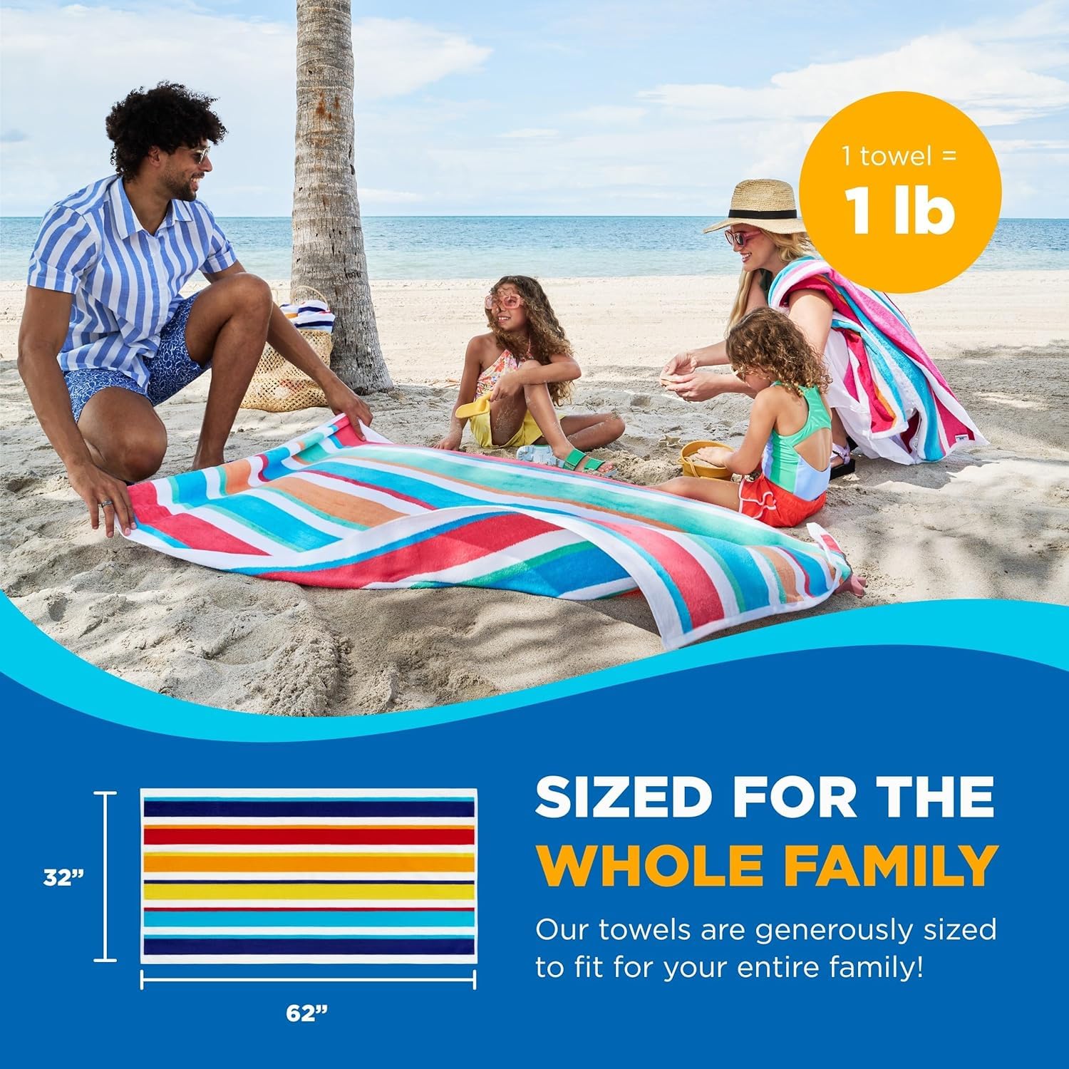 Kaufman - Joey Velour Colored Classic Multi-Color Stripe Beach & Pool Towel - Large 100% Combed Cotton Beach Towel - Soft & Abso