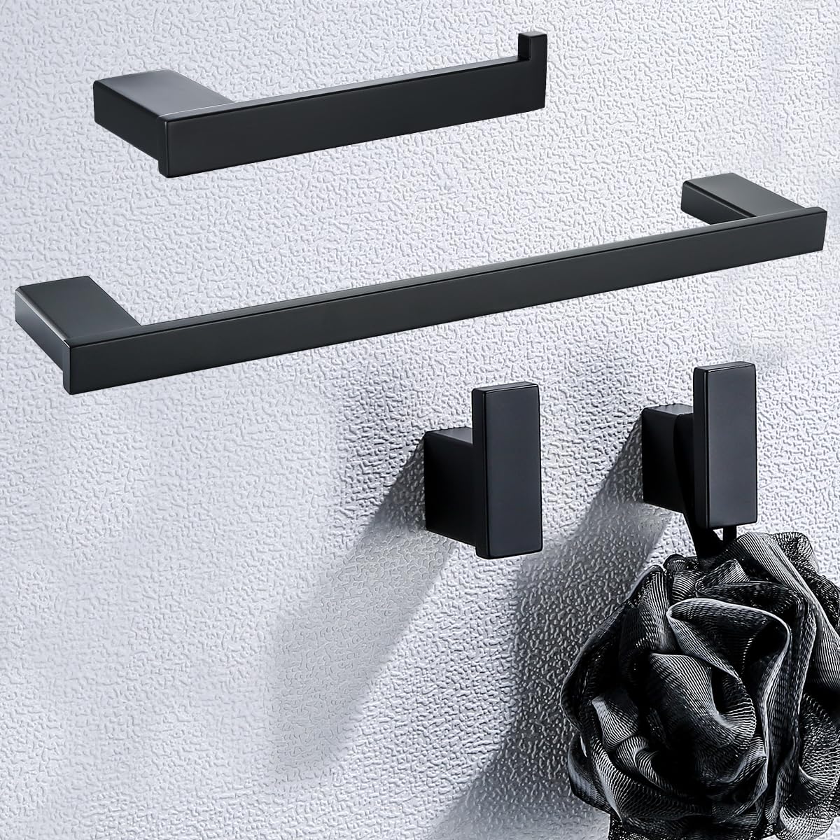 Matte Black Bathroom Hardware Accessories Set 4 Pieces Bath Towel Bar Set with 18 Inch Towel Bar,Toilet Paper Holder,Towel Hooks
