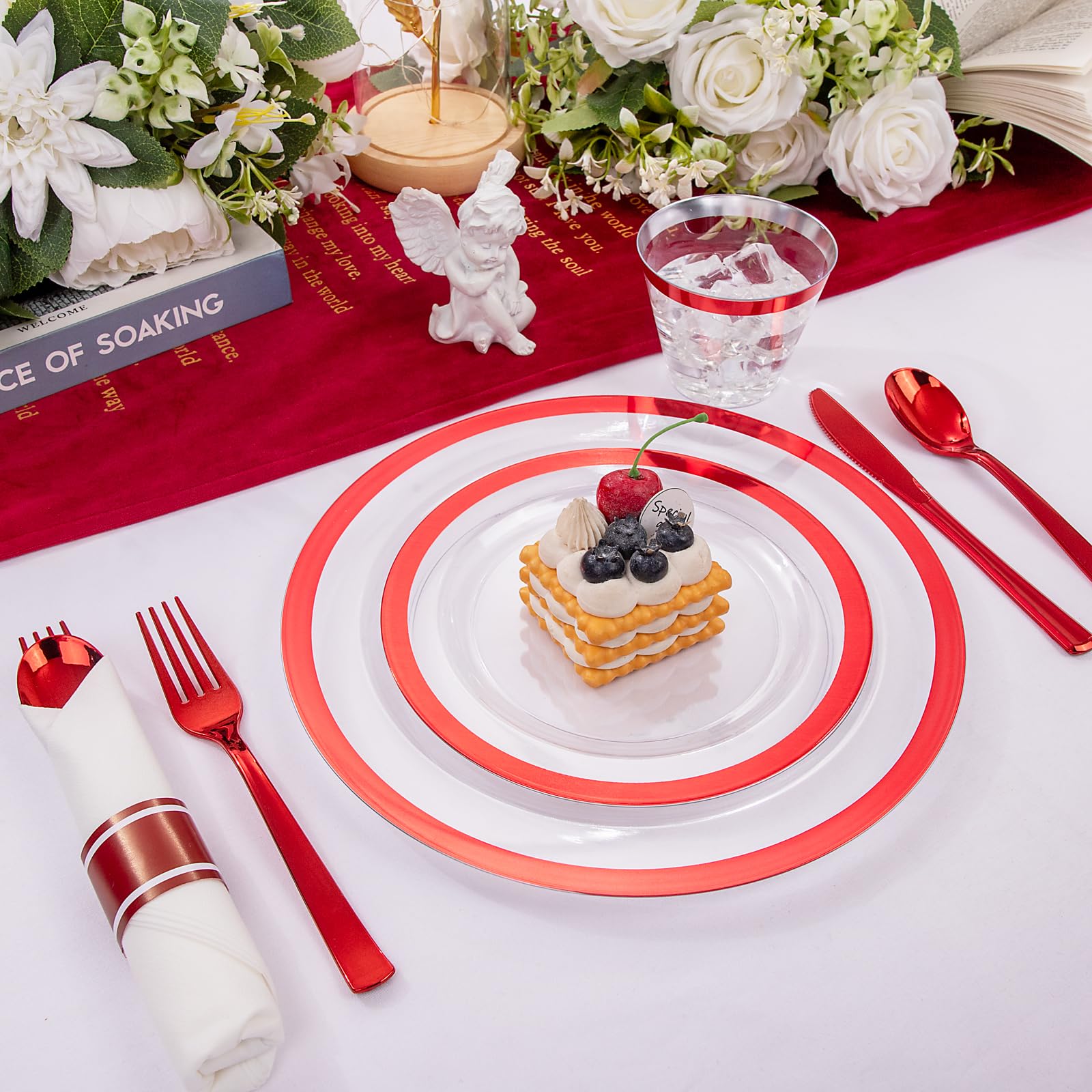 I00000 350 Pcs Clear And Red Plastic Plates,Valentines Disposable Dinnerware Set, Include 50 Dinner Plates 10.25'', 50 Dessert P