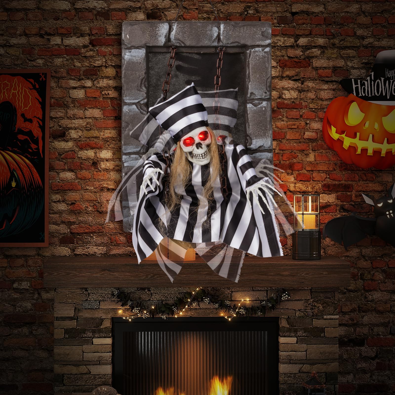 Tangkula Halloween Decorations Indoor, 18    Hanging Skull Prisoner with Light-up Eyes & Spooky Sounds, Sound-Activated Hallowee