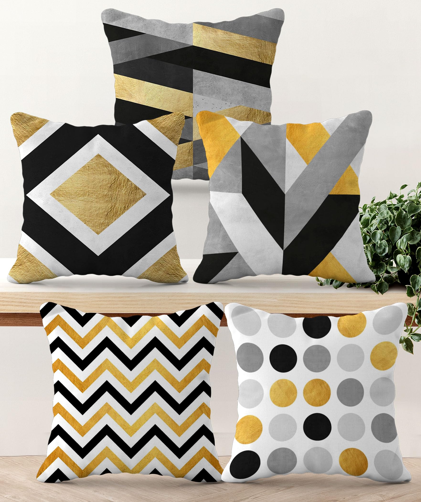 Hoopy Set Of 5 Designer Decorative Throw Pillow/Cushion Covers (16 Inch X 16 Inch, Gold Geo Print)