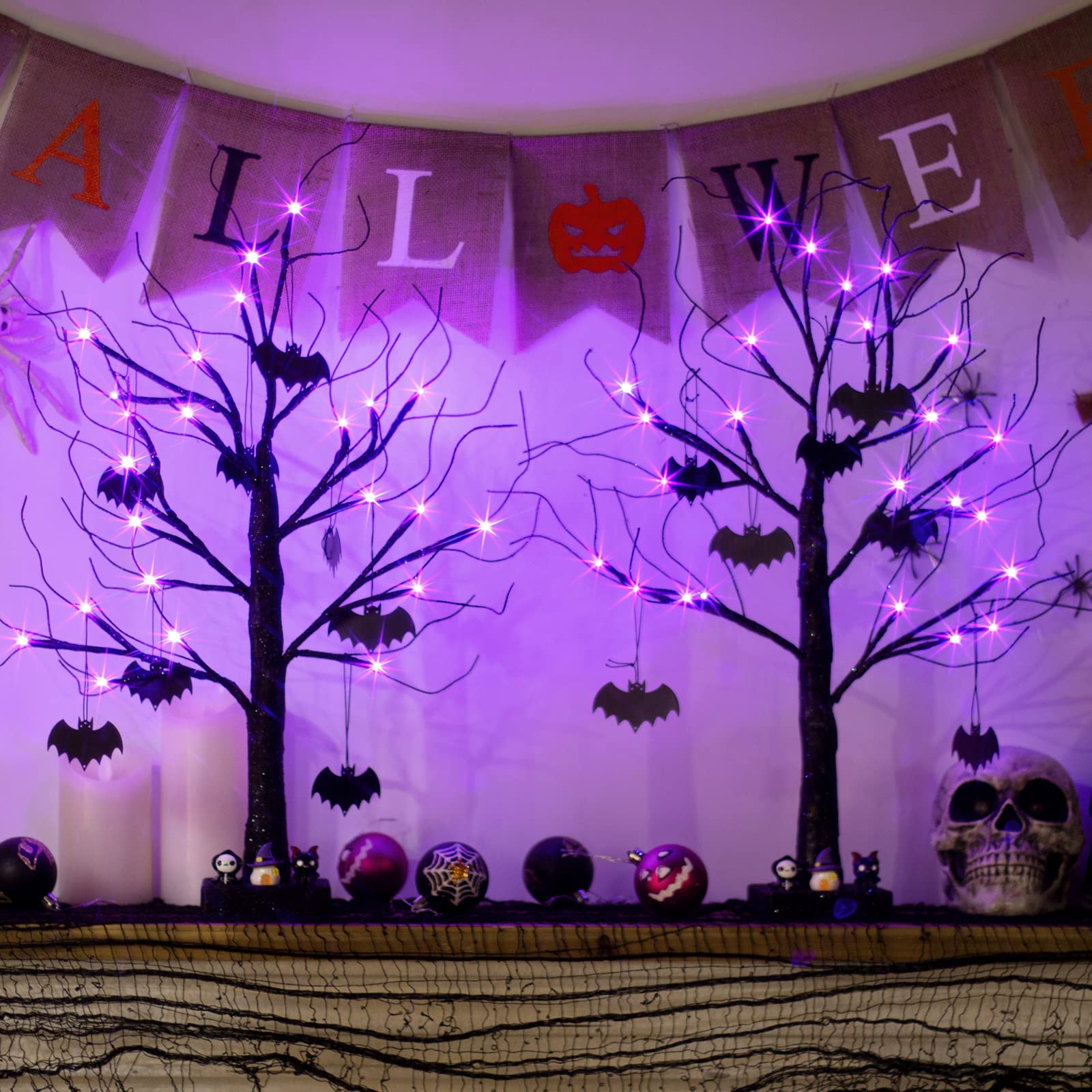 EAMBRITE Halloween Tree, Black Halloween Decorations Indoor, 2FT Spooky Tabletop Trees Battery Operated with 24LED Purple Lights