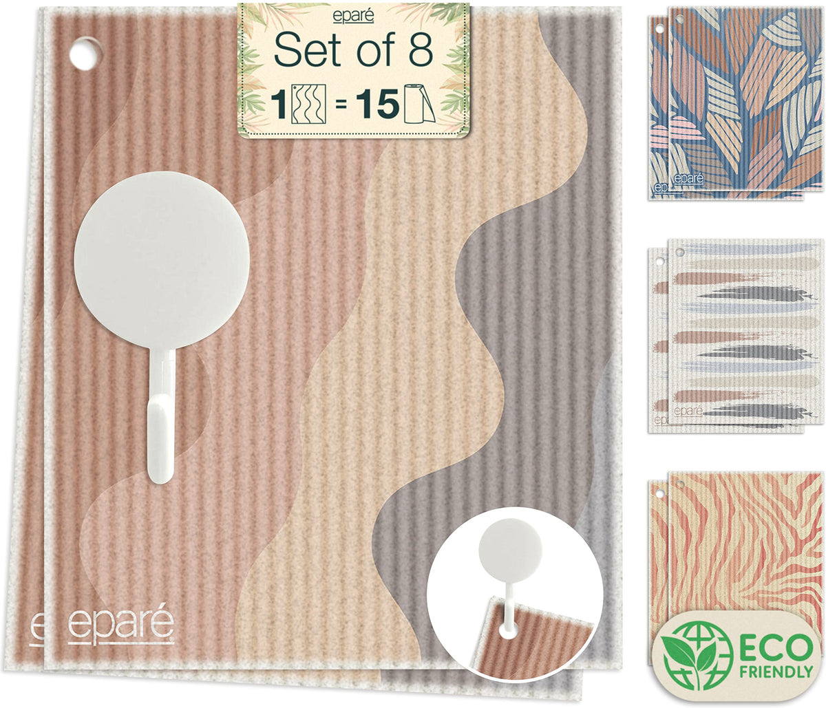 Swedish Dish Cloth With Hook - 8 Pack Cellulose Sponge Cloths Kitchen Reusable - Ultra Absorbent, Non Scratch & Quick Drying Swe