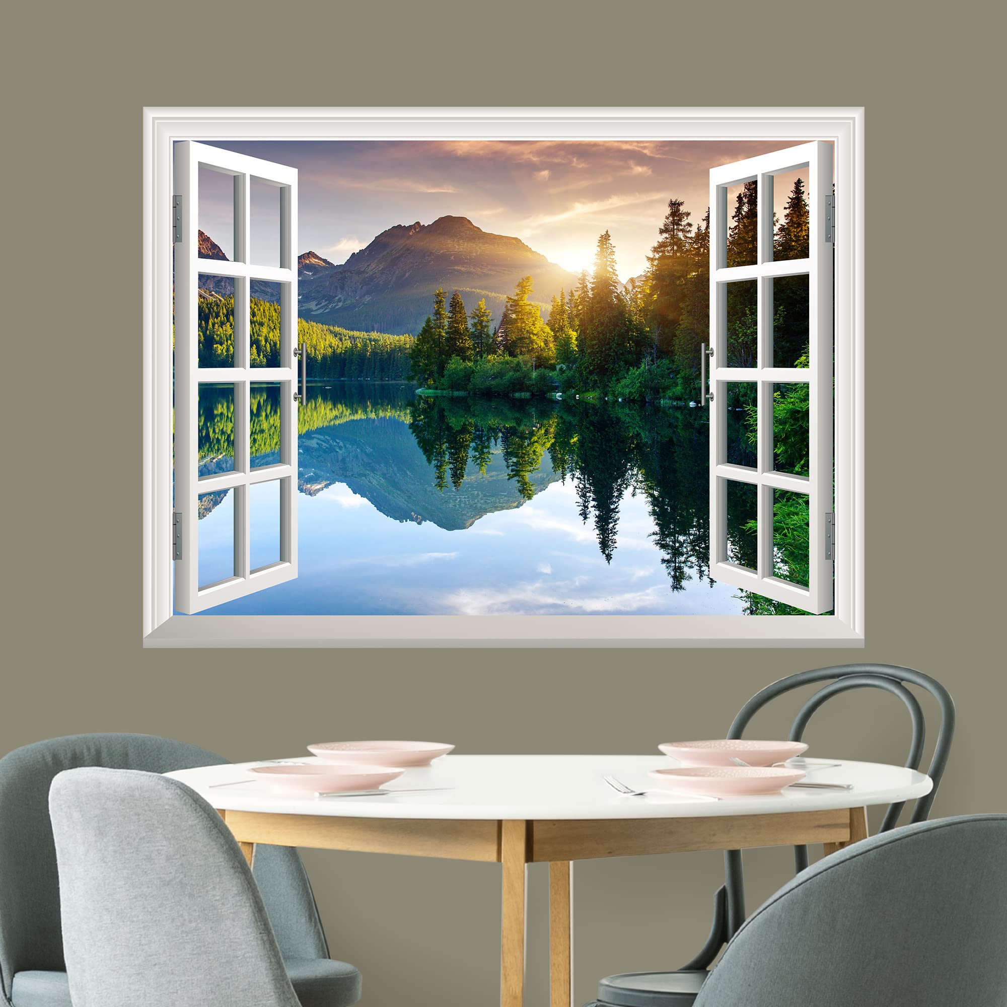 wall26 A Peaking View Through The Forest of The Morning Sunrise - Wall Mural  Removable Sticker  Home Decor - (36''x48''  Lake and Mountains)