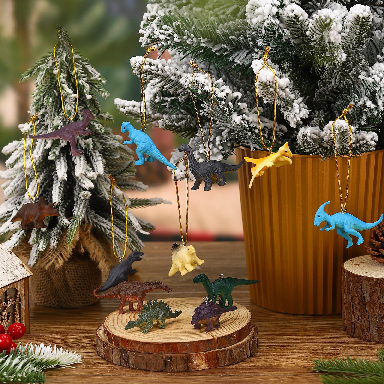 Rtteri 24 Pcs Dinosaur Christmas Tree Ornaments 3D Decorative Hanging Ornament Plastic Decorations for Christmas Tree Dinosaur T