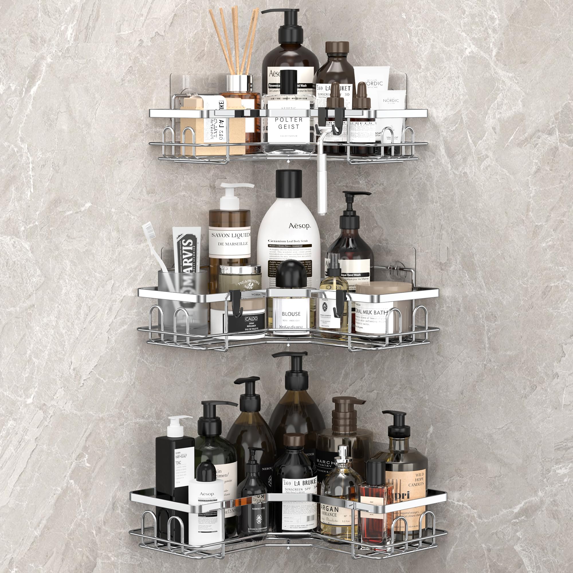 Huggiegems 3 Pack Corner Shower Caddy Organizer Shelf With Hooks, Silver Bathroom Shelves Storage Organization