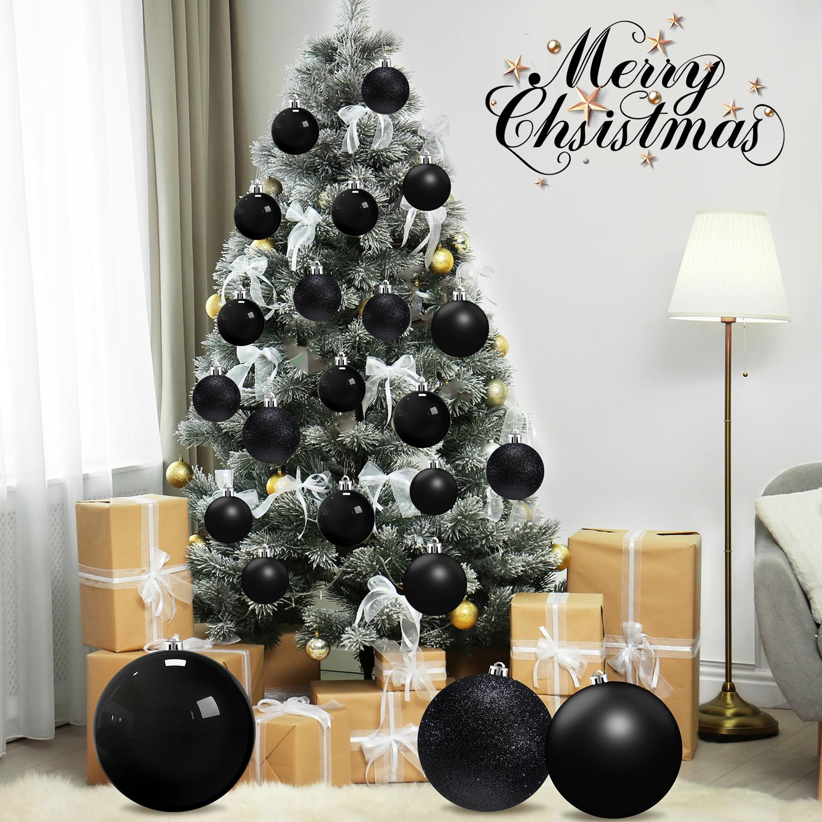 Marsui 24 Pcs Giant Christmas Balls Ornaments Extra Large Outdoor Black Christmas Ornament 8'' 6'' 3'' 2'' Large Xmas Balls Bulk