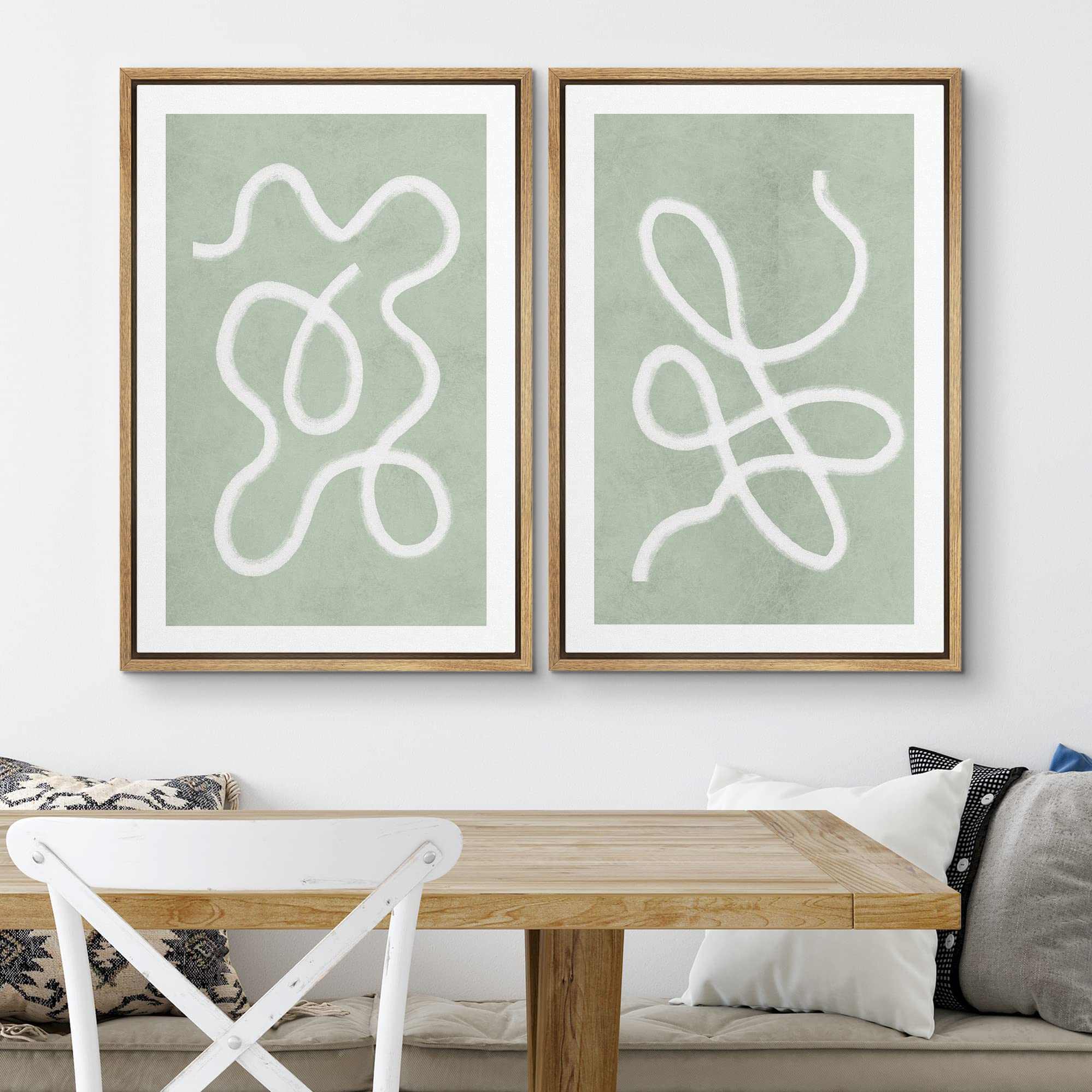 SIGNWIN Framed Wall Art Print Set White Line Over Contrasting Green Background Abstract Swirly Digital Art Modern Art Mid-Century Modern Expressive for Living Room  Bedroom  Office - 24''x36''x2 Panels