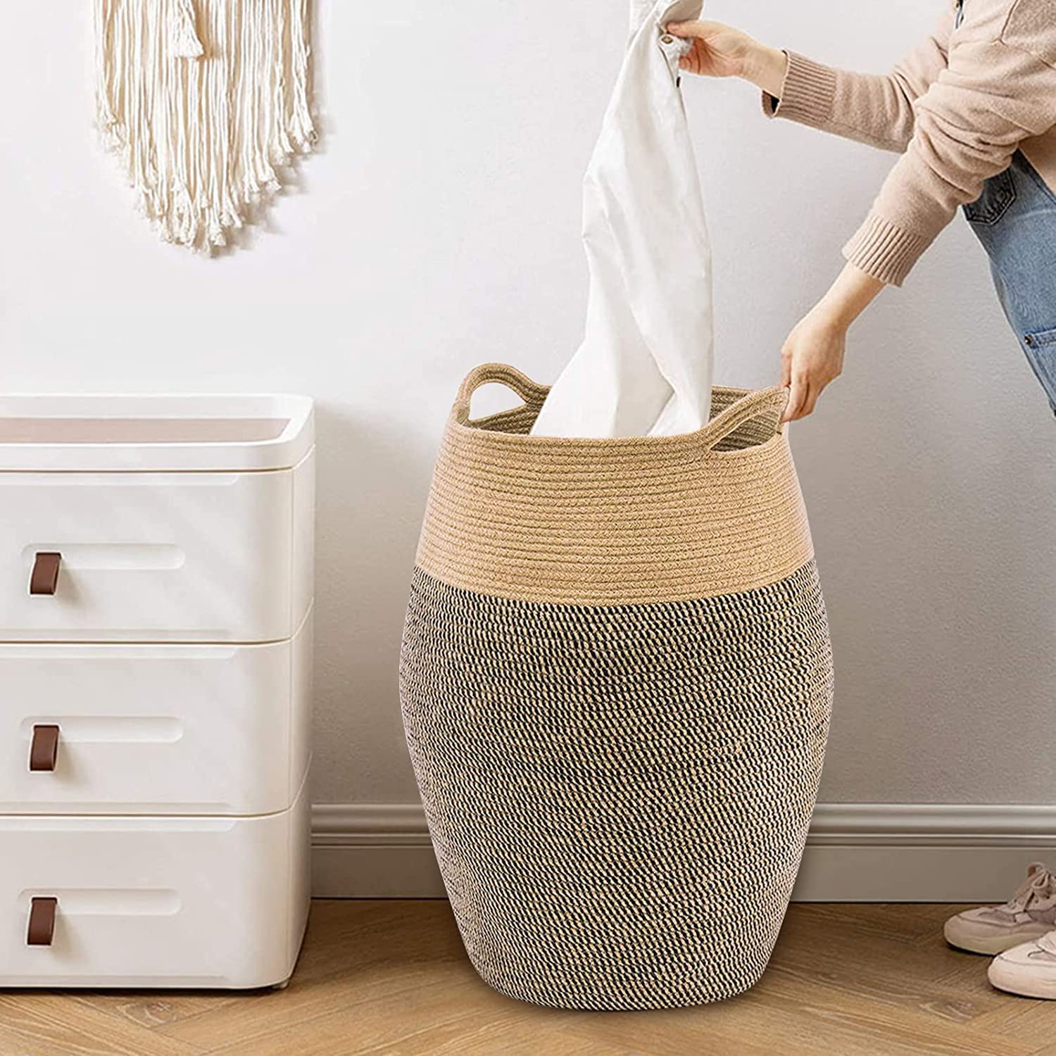 Tall Laundry Basket, 105L Large Laundry Hamper With Handles Tall Wicker Jute Woven Storage Basket For Dirty Clothes Blankets Tow