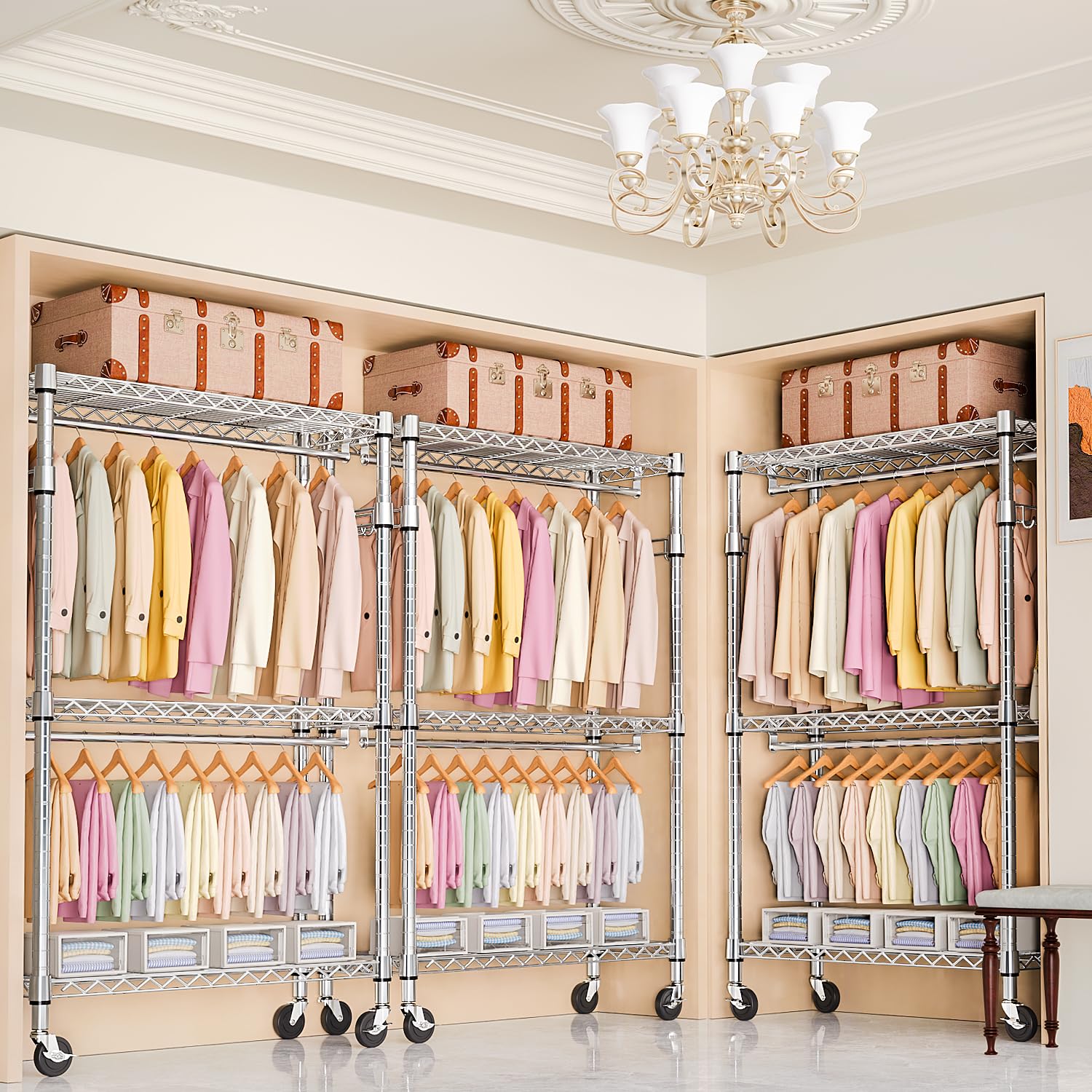 Mzg Heavy Duty Rolling Garment Rack 3 Tiers Adjustable Wire Shelving Clothes Rack With 2 Rods And Side Hooks, Storage Closet Clo