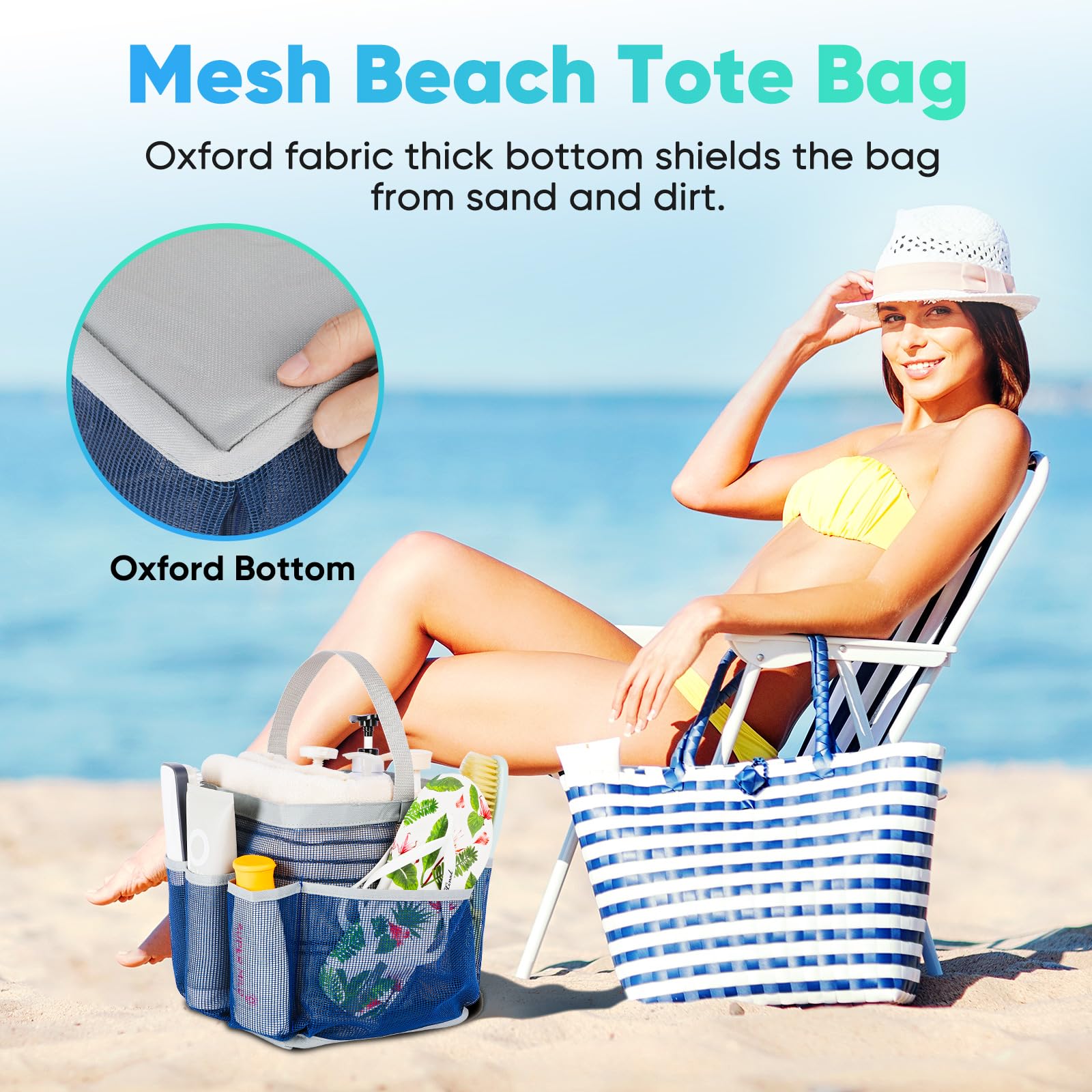 EUDELE Mesh Shower Caddy - Portable 8-Pocket Organizer for College Dorm, Beach, Gym - Navy Blue-Grey