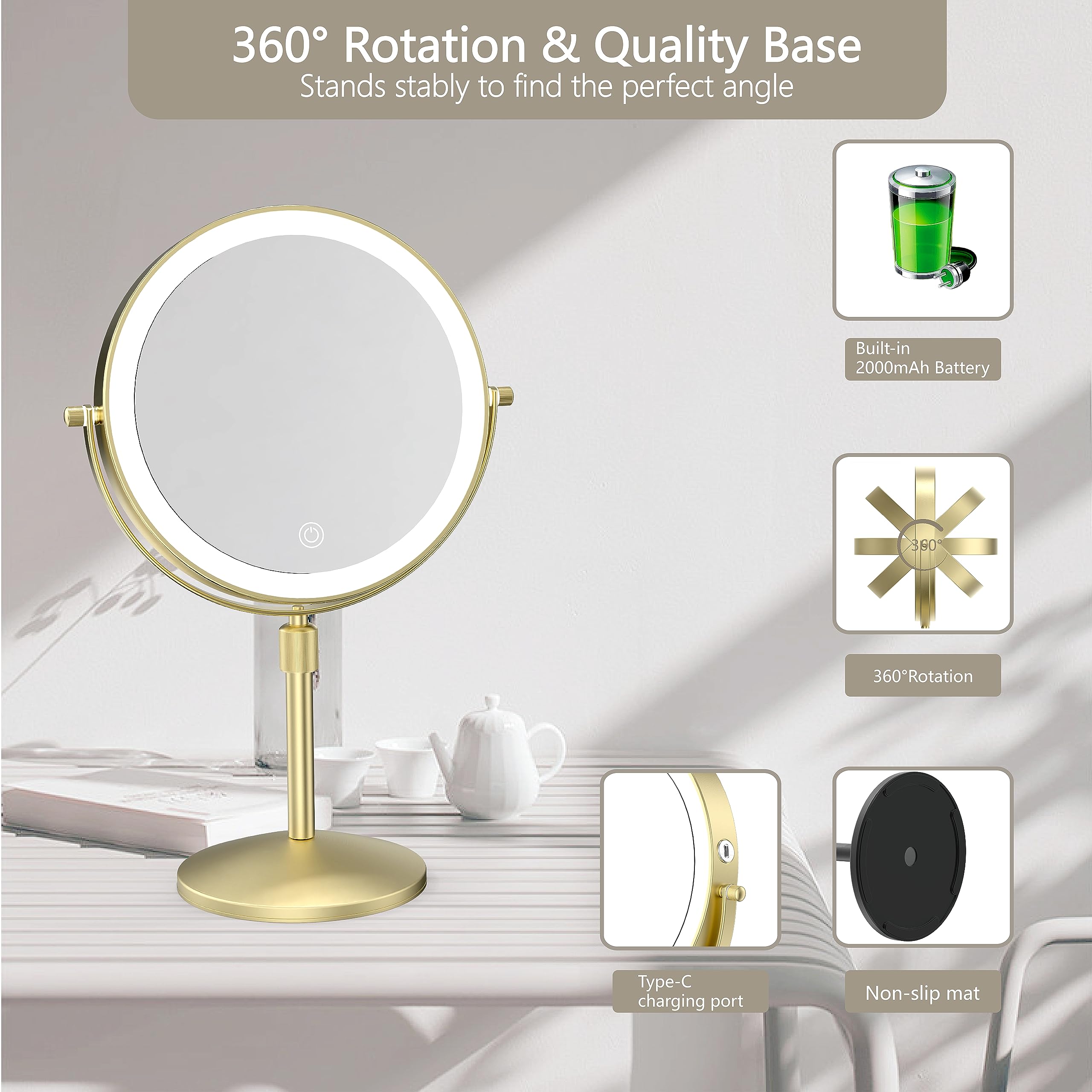 Miroamz 8'' Lighted Makeup Mirror, 1X/10X Magnification Mirror With Lights, Double Sided Dimmable Mirror, Rechargeable & Brightn