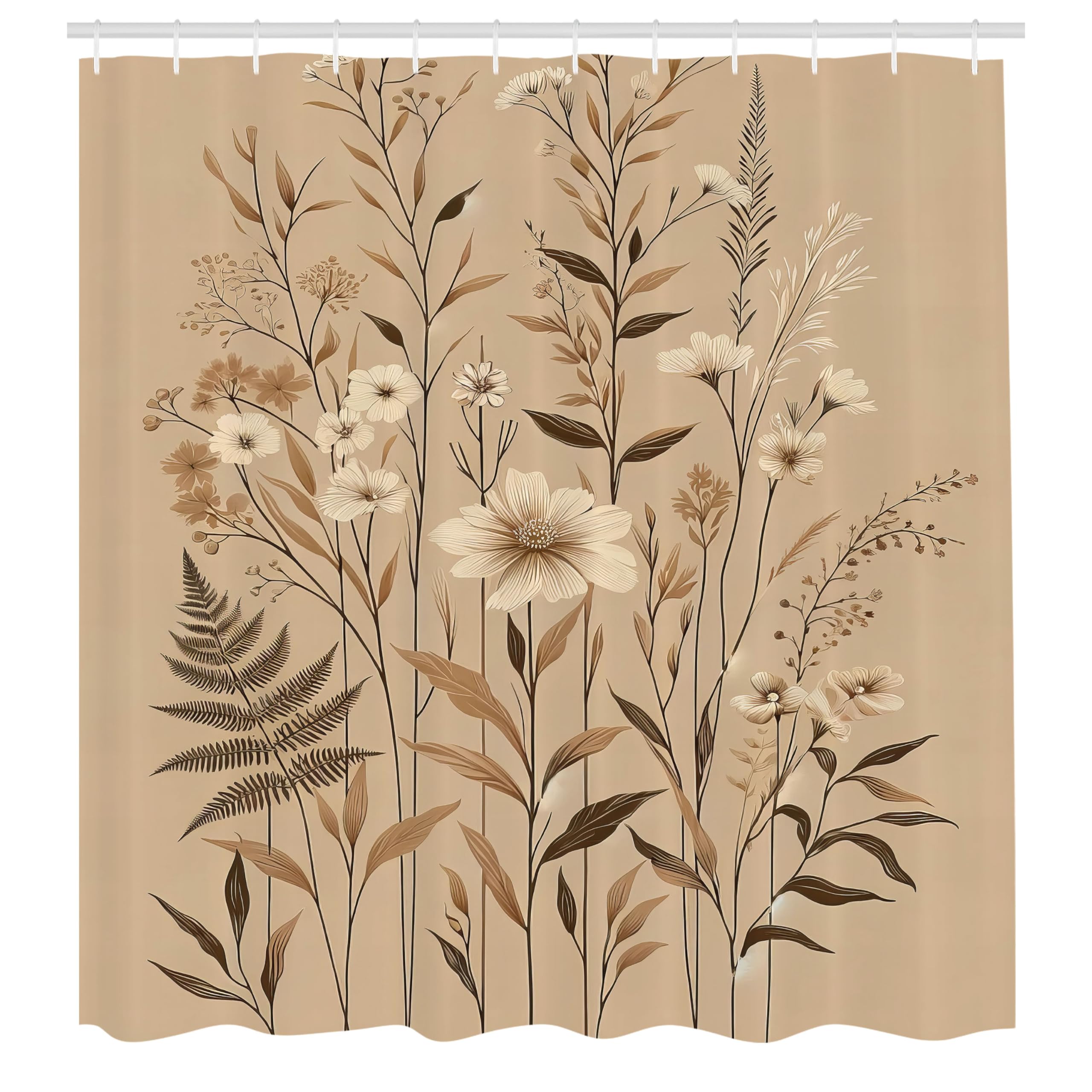 Ambesonne Tan Shower Curtain, Romantic Boho Nostalgic Minimalistic Monochromatic Wild Flowers Painting Print, Cloth Fabric Bathr