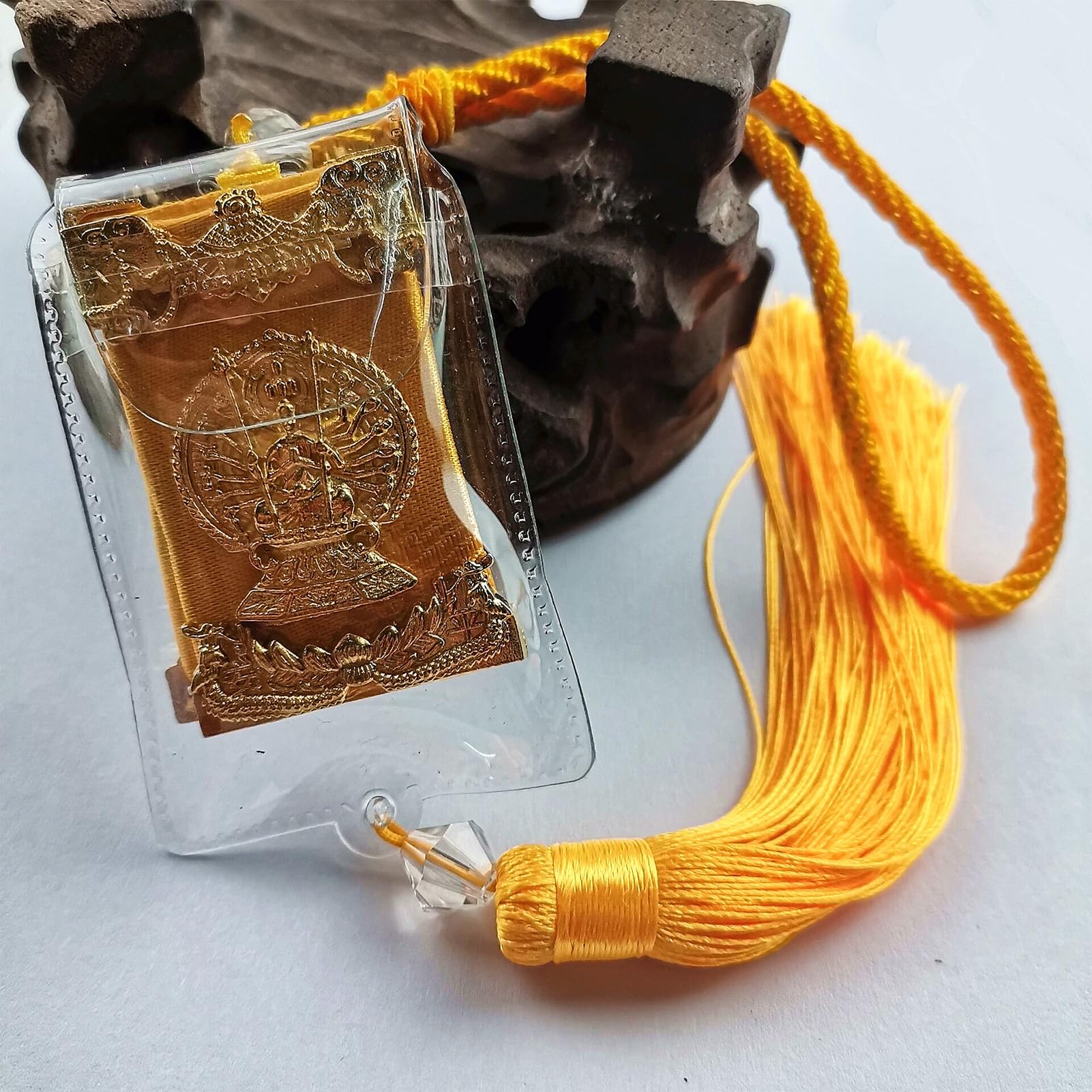 Jadeshay Buddhist Charms Car Pendant, Great Compassion Mantra Scripture Rearview Mirror Decoration Hanging Ornaments(Yellow)