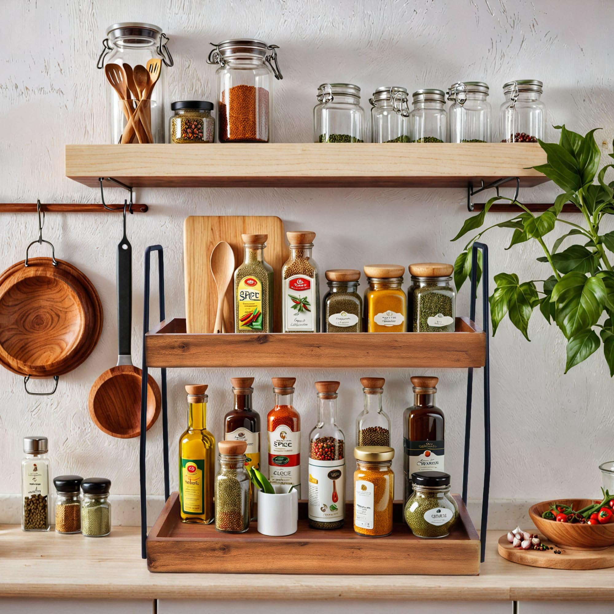 Acacia Bathroom Organizer Countertop 13.6 X 14 X 6.7 Inches, 2-Tier Wood Counter Standing Rack, Countertop Storage Shelf For Org