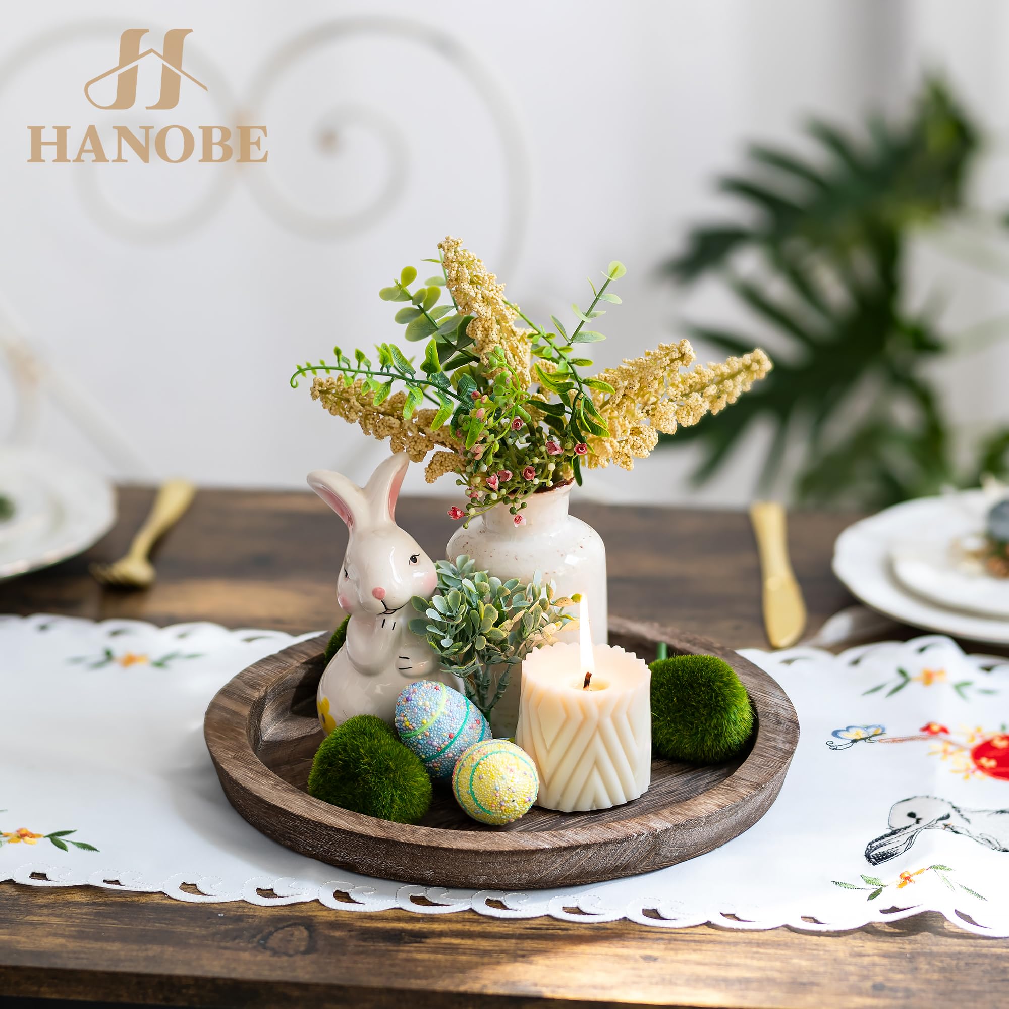 Hanobe Rustic Wooden Serving Tray: Set Of 2 Round Wood Butler Decorative Tray Vintage Centerpiece Candle Holder Trays Farmhouse