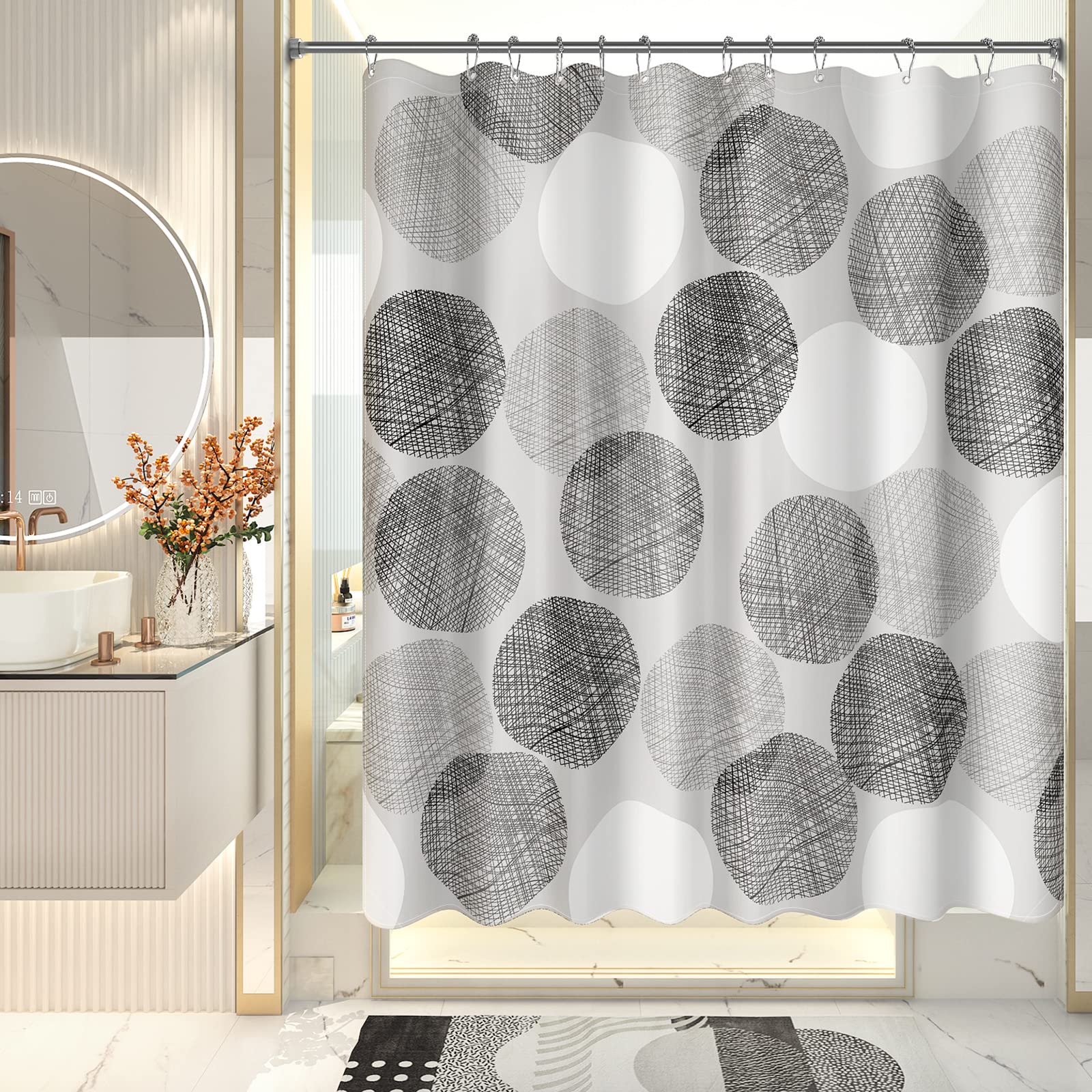 Amazerbath Grey Shower Curtain Sets, Washable Cloth Gray Dots Shower Curtain With 12 Metal Shower Curtain Hooks, Rustic Waterpro