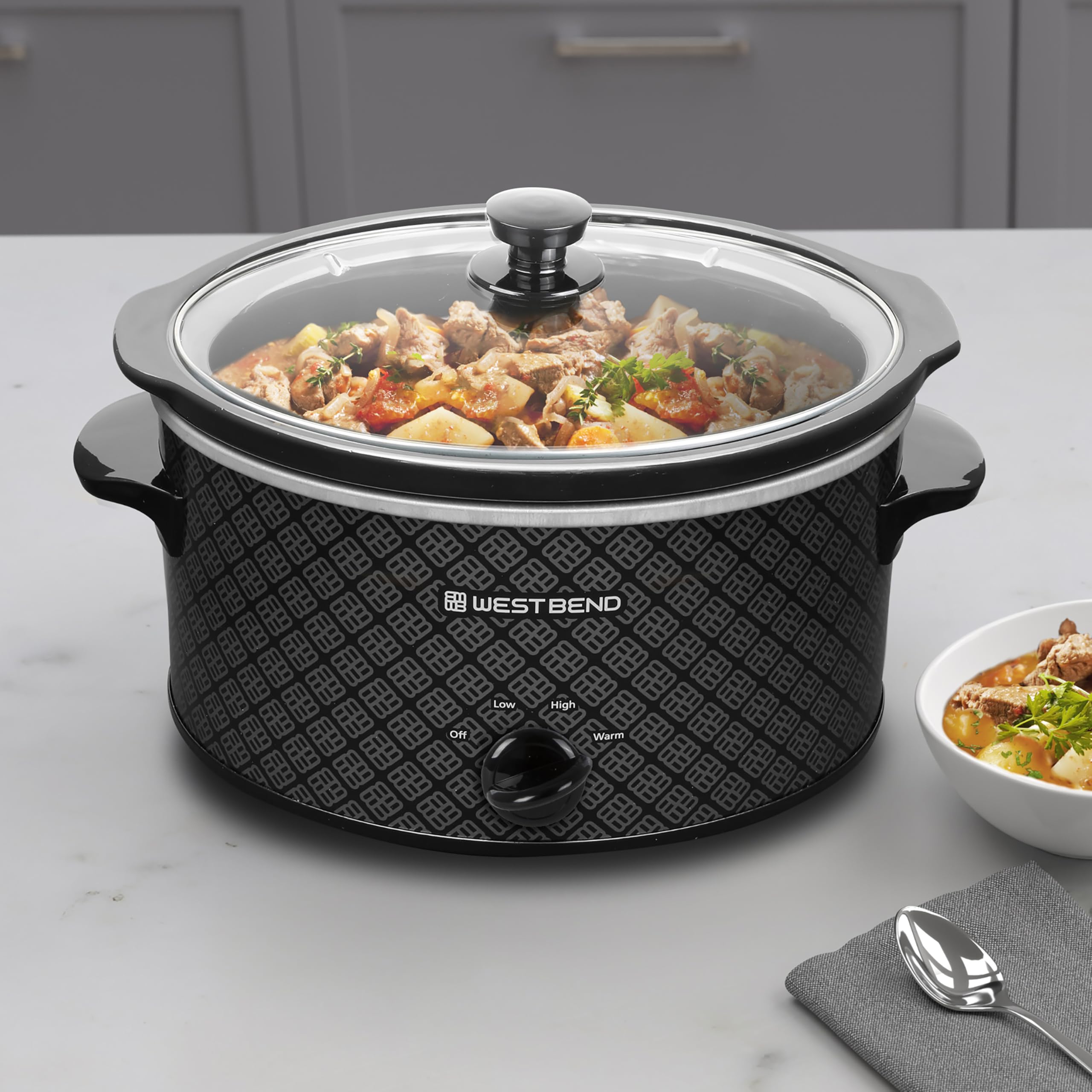 West Bend Slow Cooker 4-Quart Manual Crockery Style With Dishwasher Safe Oval Ceramic Crockpot And Glass Lid Two Temperature Set