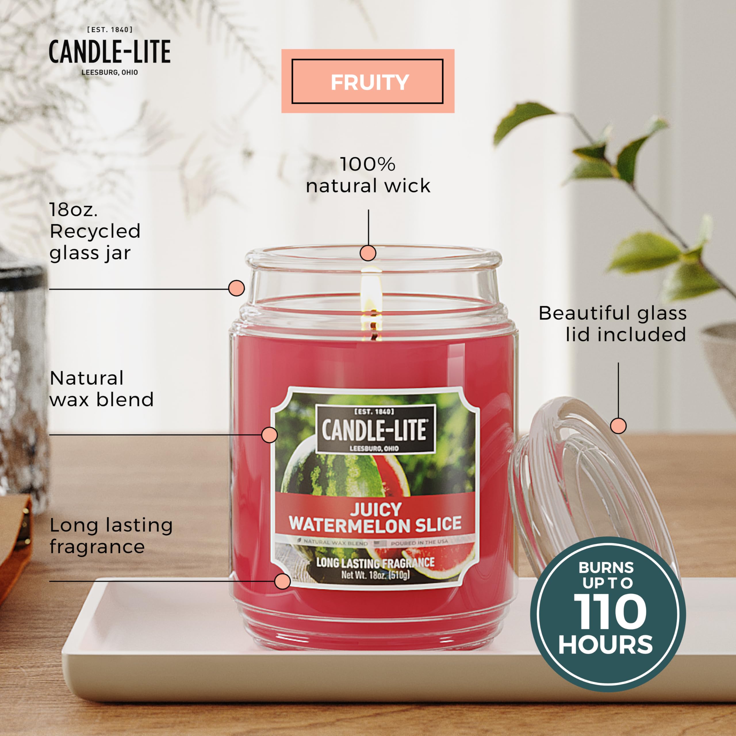 CANDLE-LITE Everyday Scented Juicy Watermelon Slice, One 18 oz. Single-Wick Aromatherapy Candle with 110 Hours of Burn Time, Red