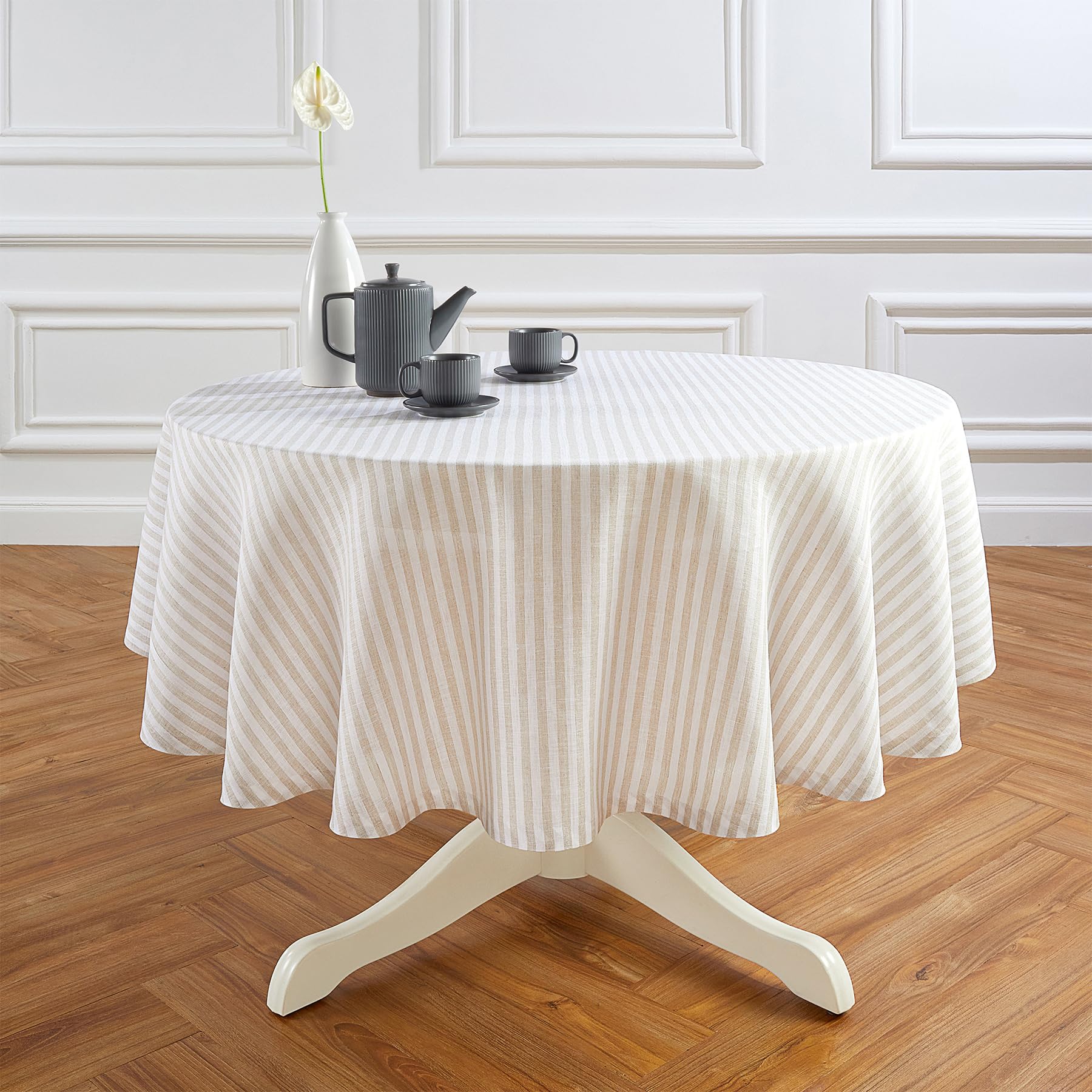 Solino Home Stripe Linen Round Tablecloth - 100% Pure Linen Natural and White Tablecloth 70 Inch Diameter for Spring, Easter - H